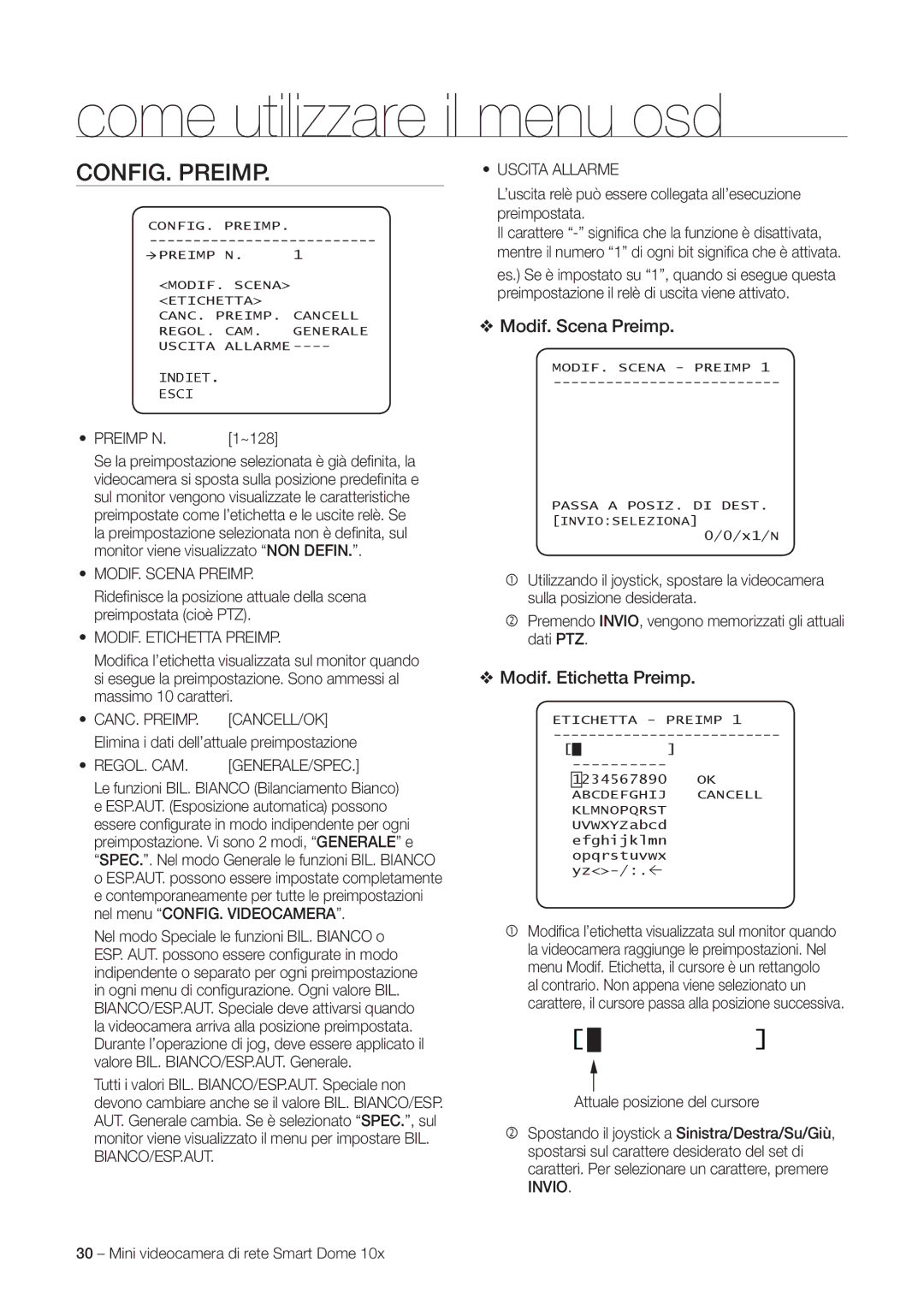 Samsung SNC-C6225P, SNC-C7225P manual CONFIG. Preimp, Modif. Scena Preimp, Modif. Etichetta Preimp 
