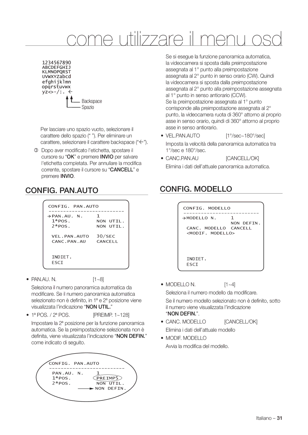 Samsung SNC-C7225P, SNC-C6225P manual Config. Pan.Auto, CONFIG. Modello 