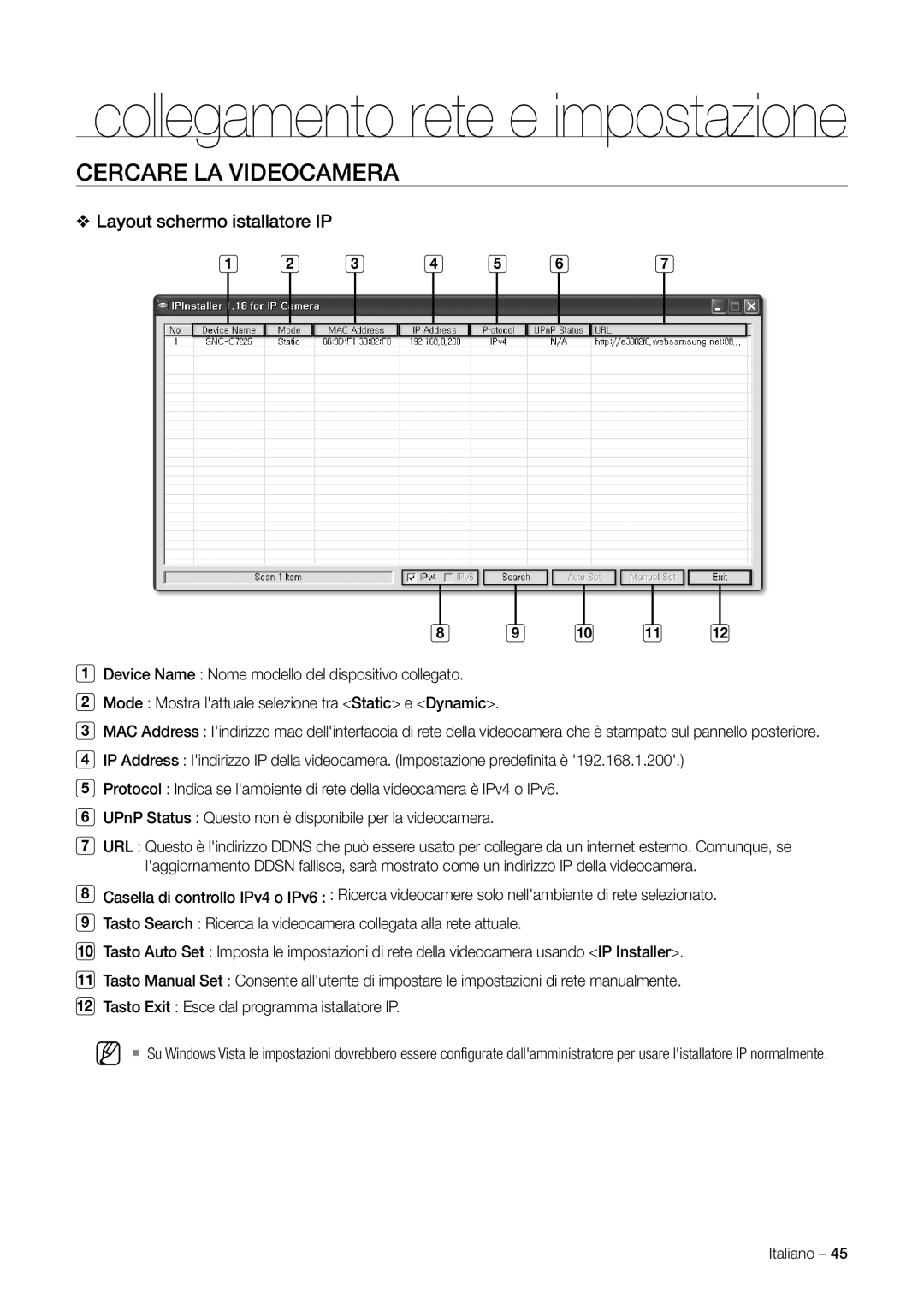 Samsung SNC-C7225P, SNC-C6225P manual Cercare LA Videocamera, Layout schermo istallatore IP 