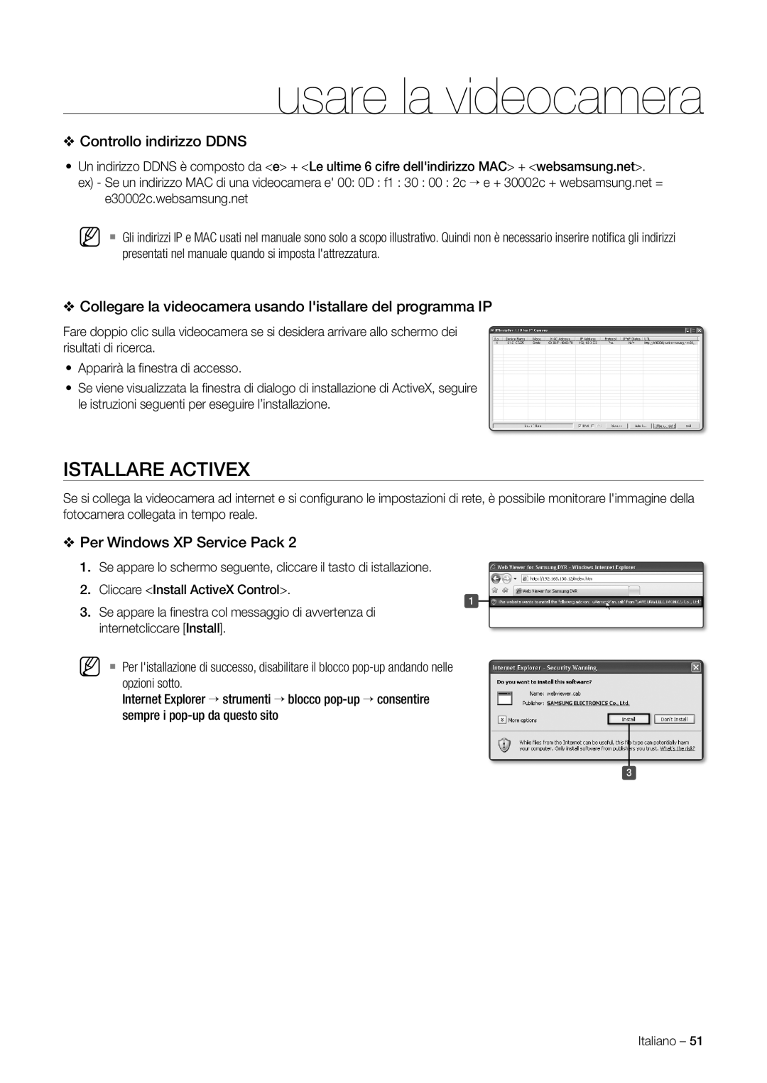 Samsung SNC-C7225P manual Istallare Activex, Controllo indirizzo Ddns, Per Windows XP Service Pack, E30002c.websamsung.net 