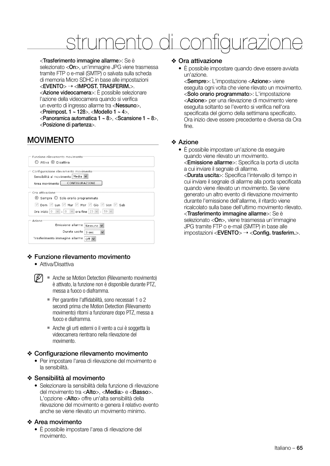 Samsung SNC-C7225P manual Movimento, Funzione rilevamento movimento, Conﬁgurazione rilevamento movimento, Area movimento 