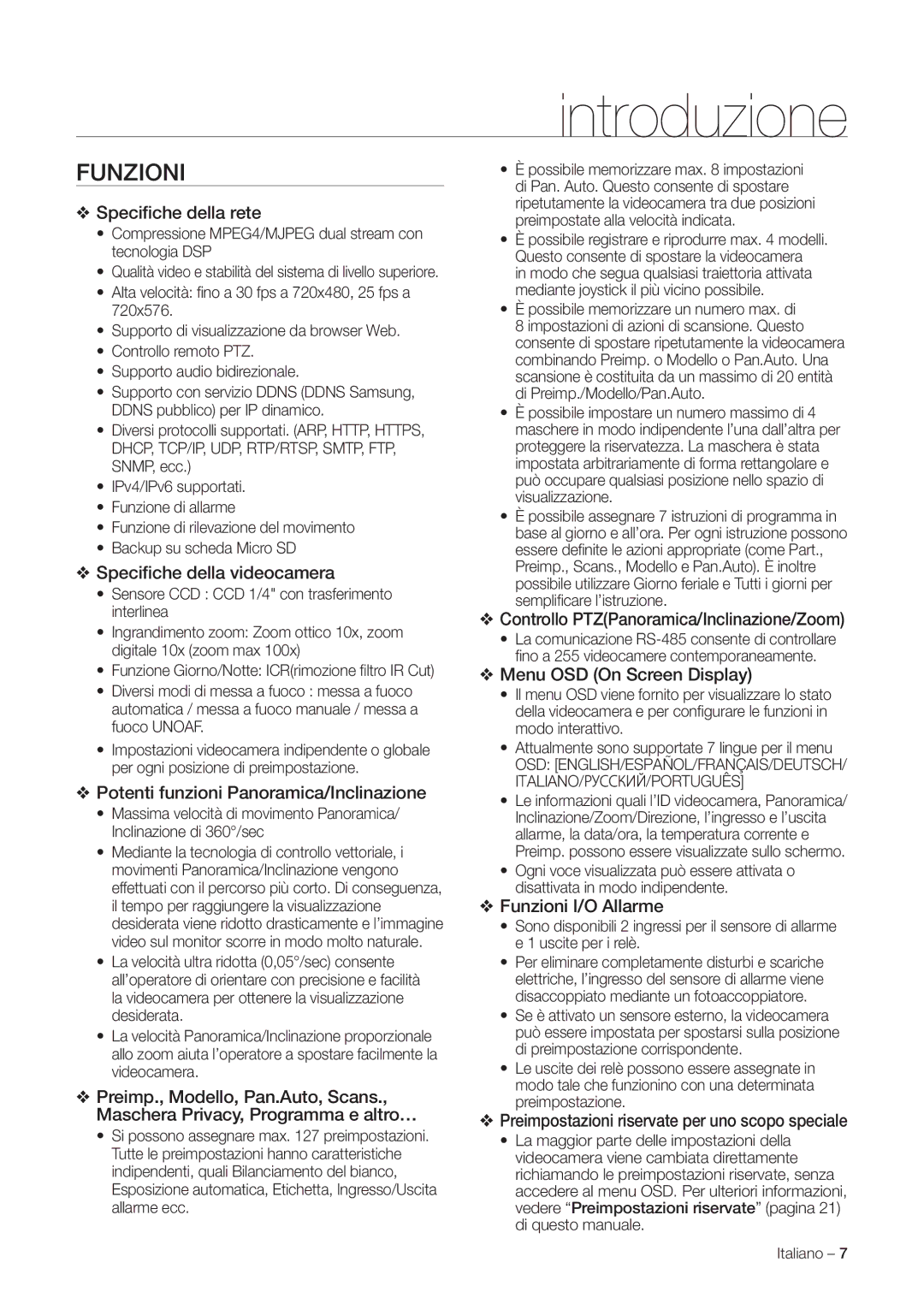 Samsung SNC-C7225P, SNC-C6225P manual Introduzione, Funzioni 