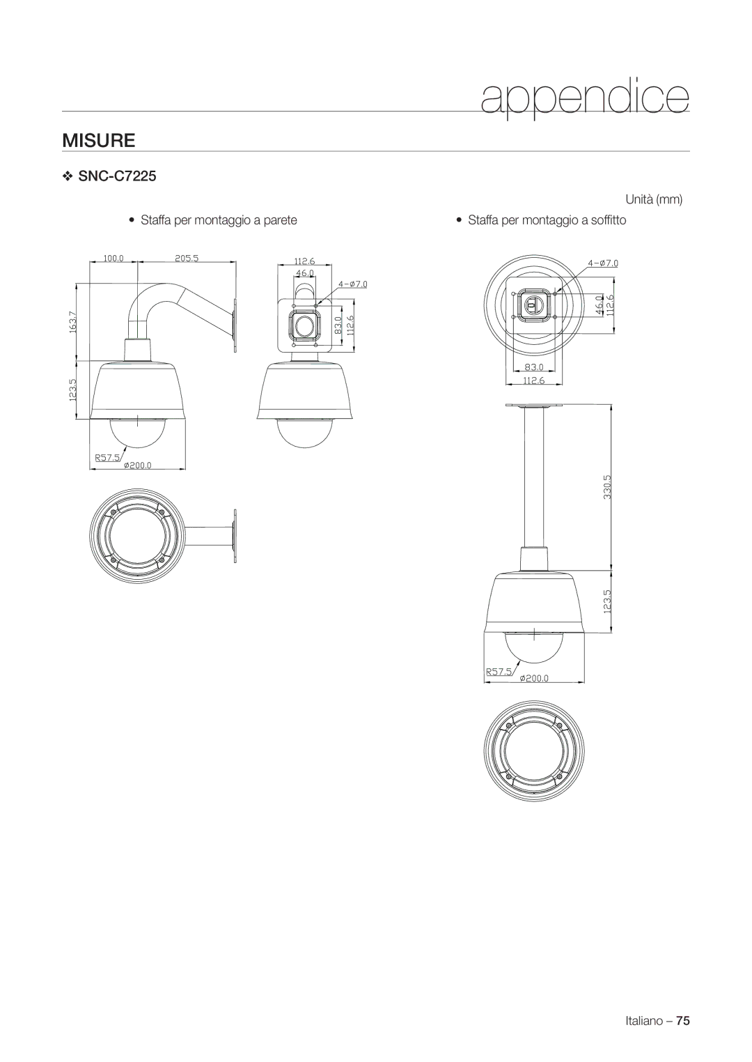 Samsung SNC-C7225P, SNC-C6225P manual Unità mm Staffa per montaggio a parete 