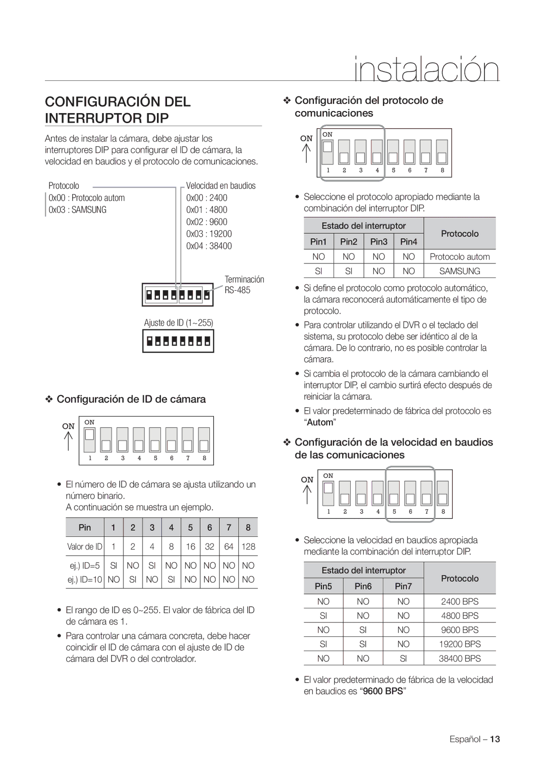 Samsung SNC-C7225P, SNC-C6225P manual Instalación, Configuración DEL Interruptor DIP, Conﬁguración de ID de cámara 