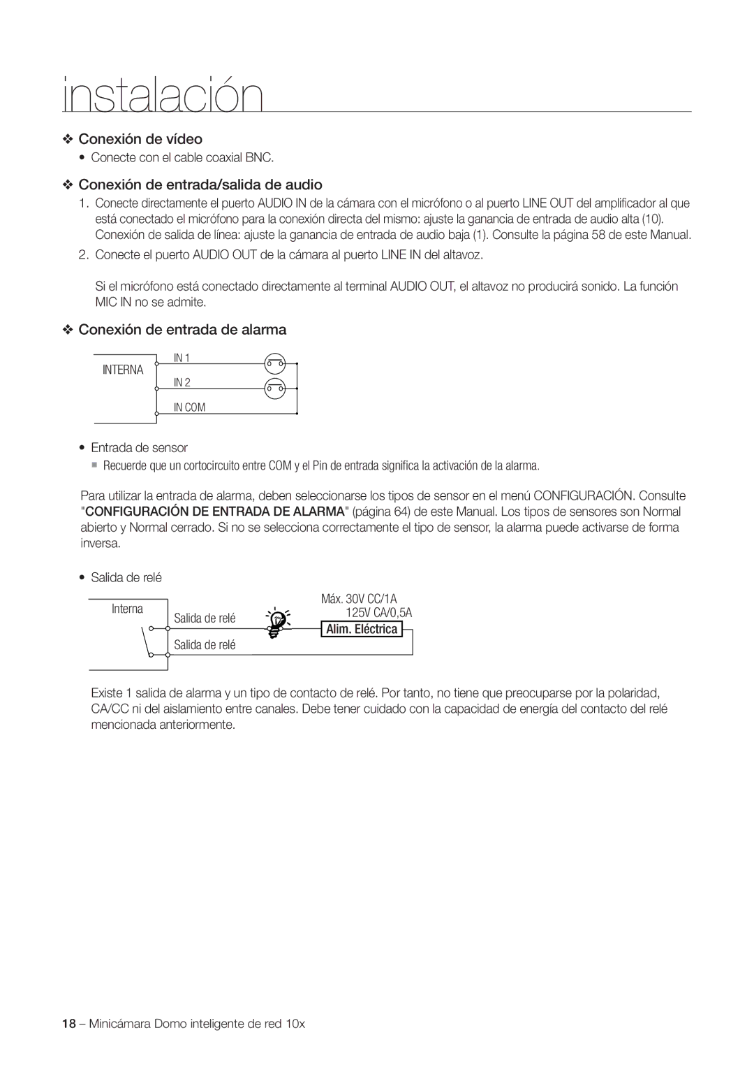 Samsung SNC-C6225P manual Conexión de vídeo, Conexión de entrada/salida de audio, Conexión de entrada de alarma, Interna 