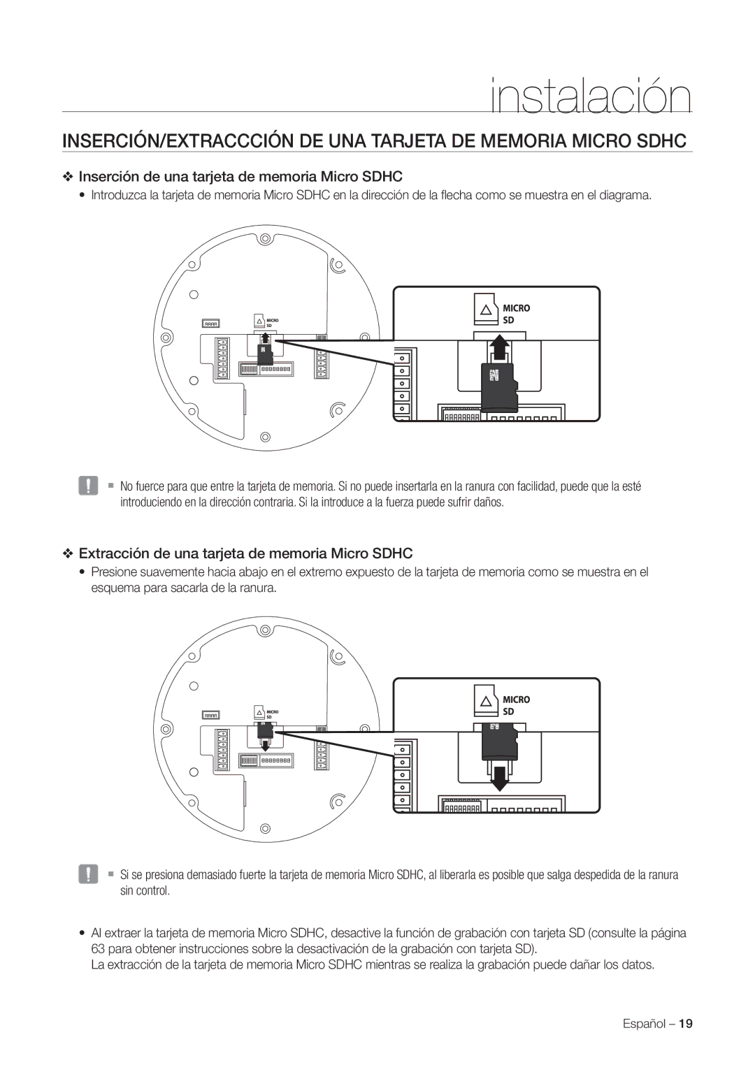 Samsung SNC-C7225P, SNC-C6225P manual INSERCIÓN/EXTRACCCIÓN DE UNA Tarjeta DE Memoria Micro Sdhc 