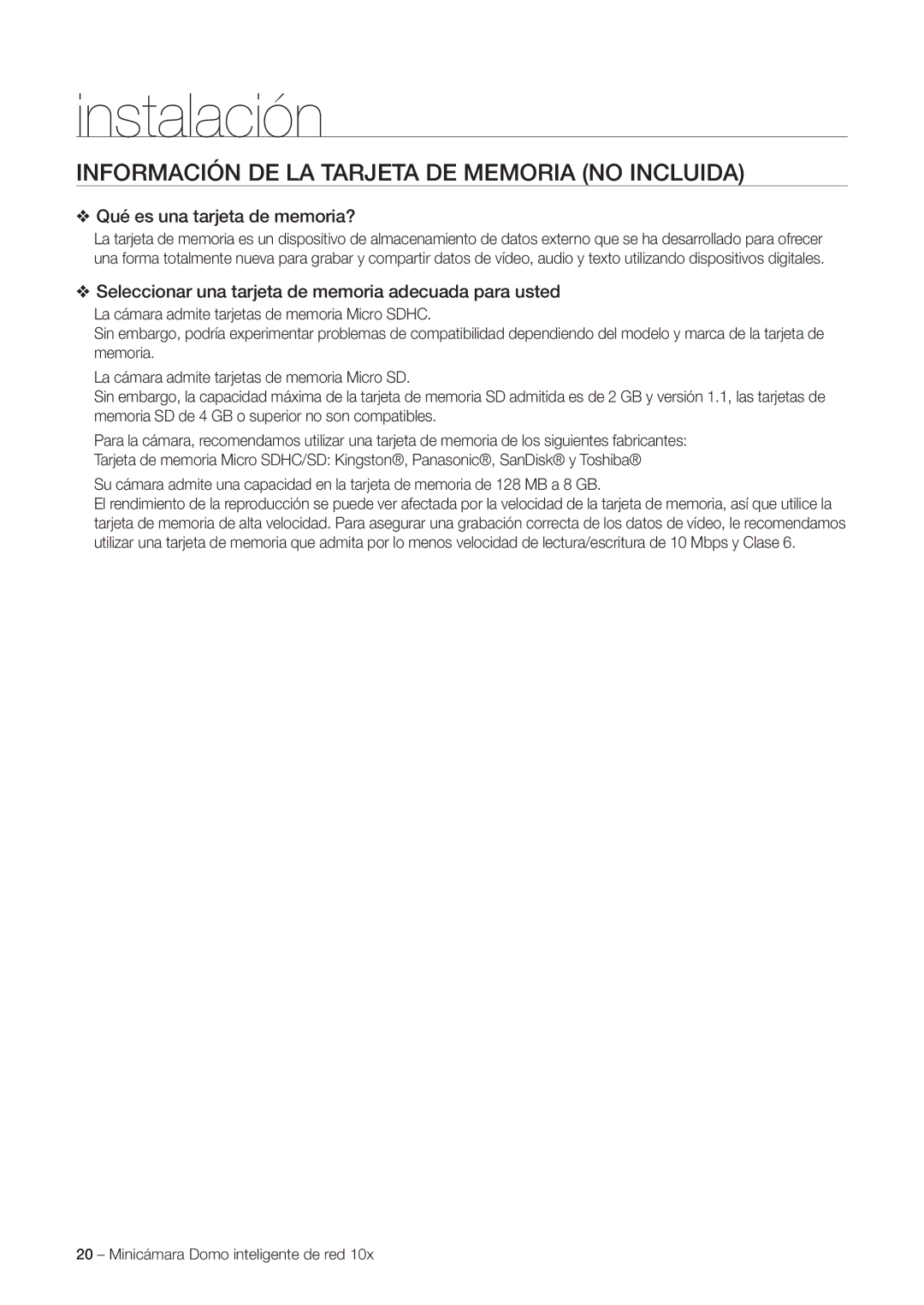 Samsung SNC-C6225P, SNC-C7225P manual Información DE LA Tarjeta DE Memoria no Incluida, Qué es una tarjeta de memoria? 