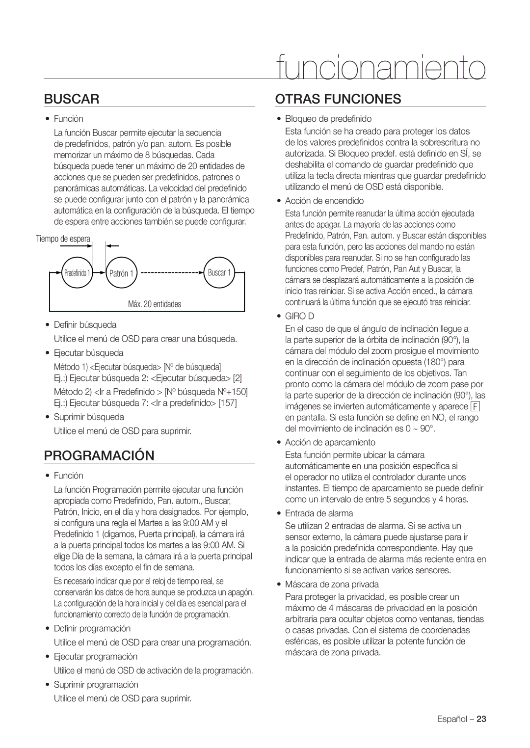 Samsung SNC-C7225P, SNC-C6225P manual Buscar, Otras Funciones, Programación, Giro D 