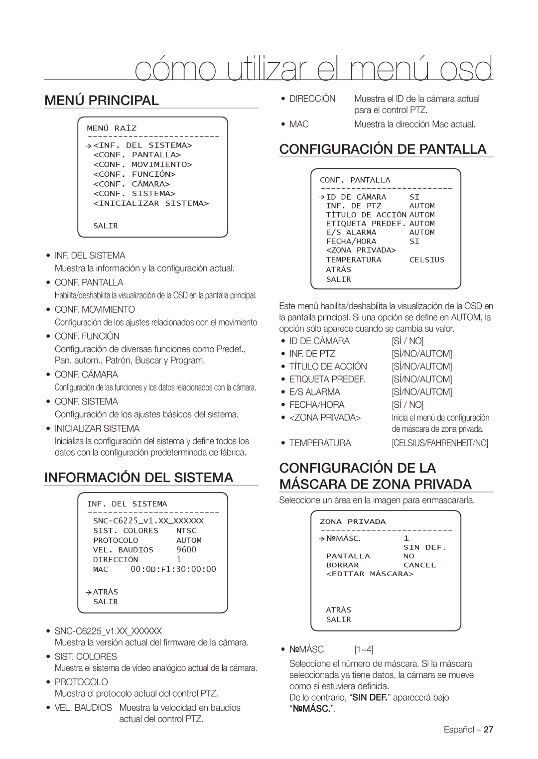 Samsung SNC-C7225P, SNC-C6225P manual Menú Principal, Configuración DE Pantalla, Información DEL Sistema 