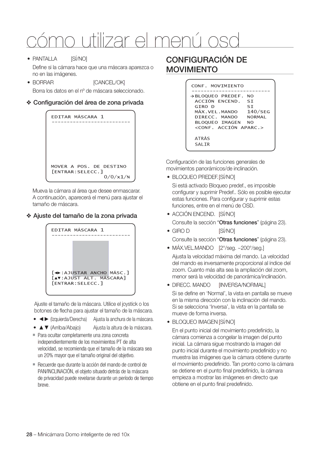 Samsung SNC-C6225P, SNC-C7225P manual Configuración DE Movimiento, Conﬁguración del área de zona privada 