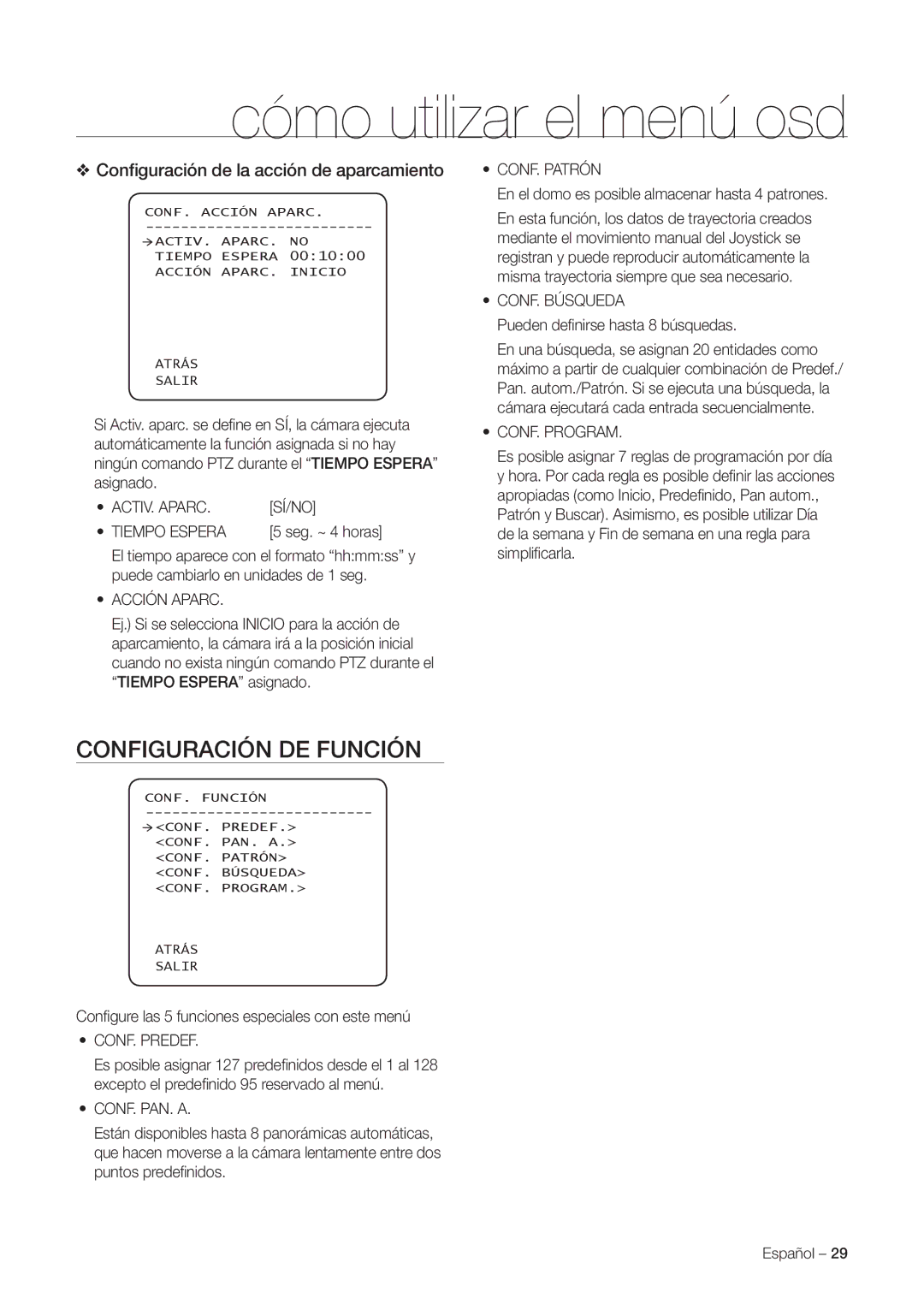 Samsung SNC-C7225P, SNC-C6225P manual Configuración DE Función, Conﬁguración de la acción de aparcamiento 