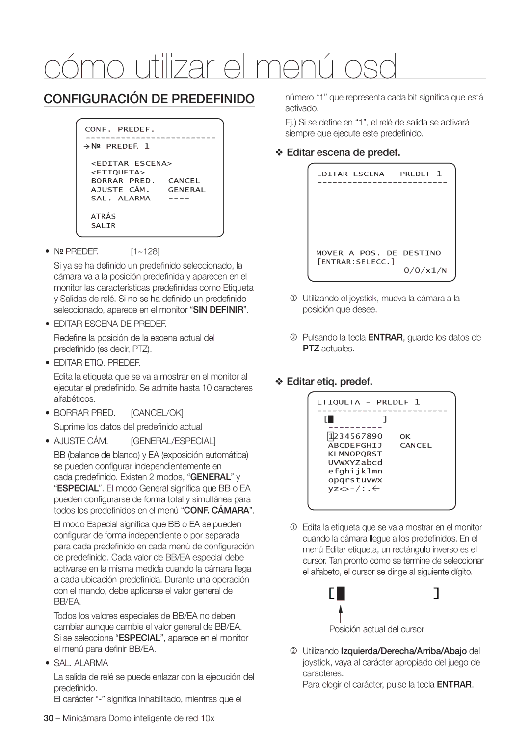 Samsung SNC-C6225P, SNC-C7225P manual Configuración DE Predefinido, Editar escena de predef, Editar etiq. predef 