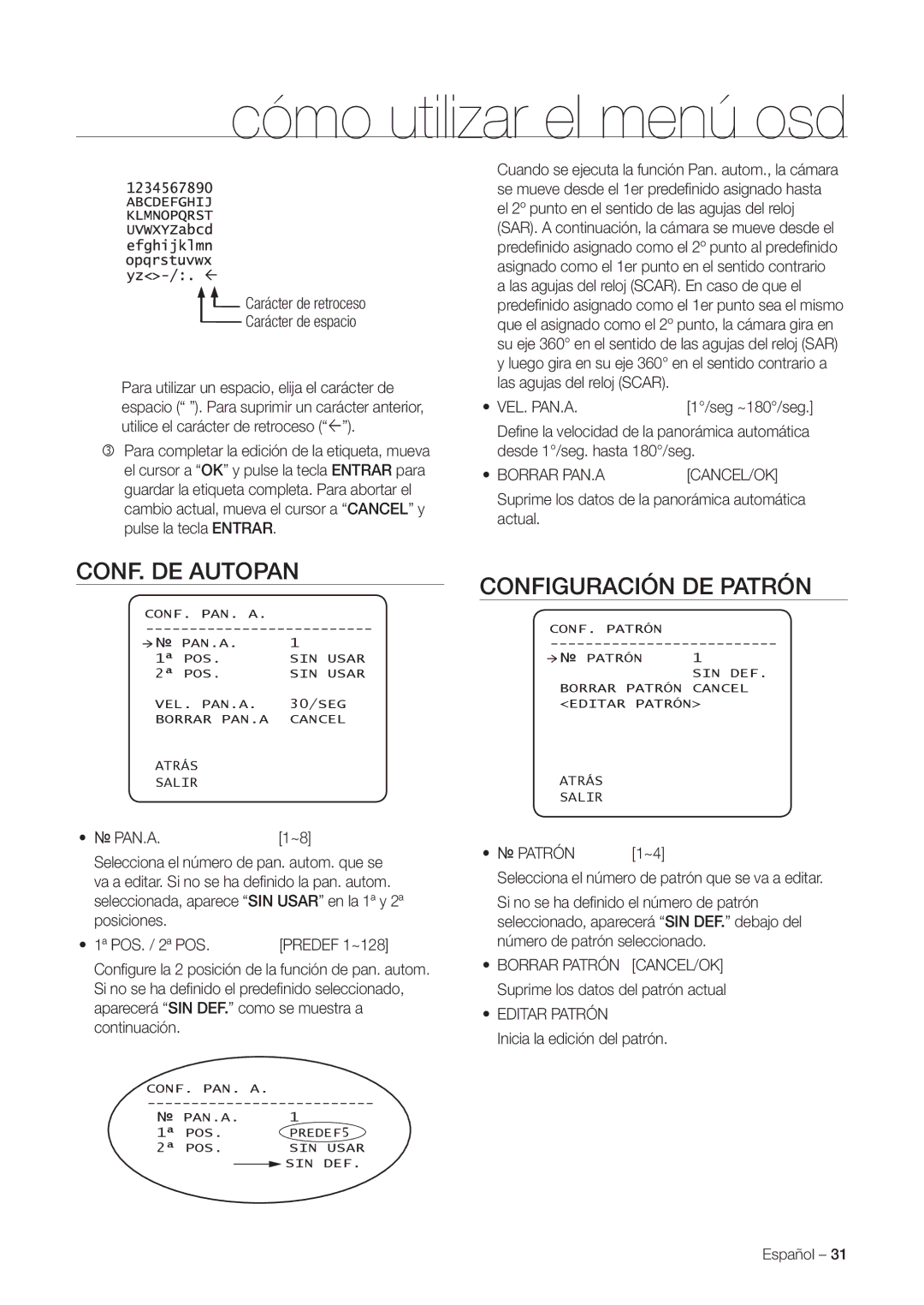 Samsung SNC-C7225P, SNC-C6225P manual CONF. DE Autopan, Configuración DE Patrón 