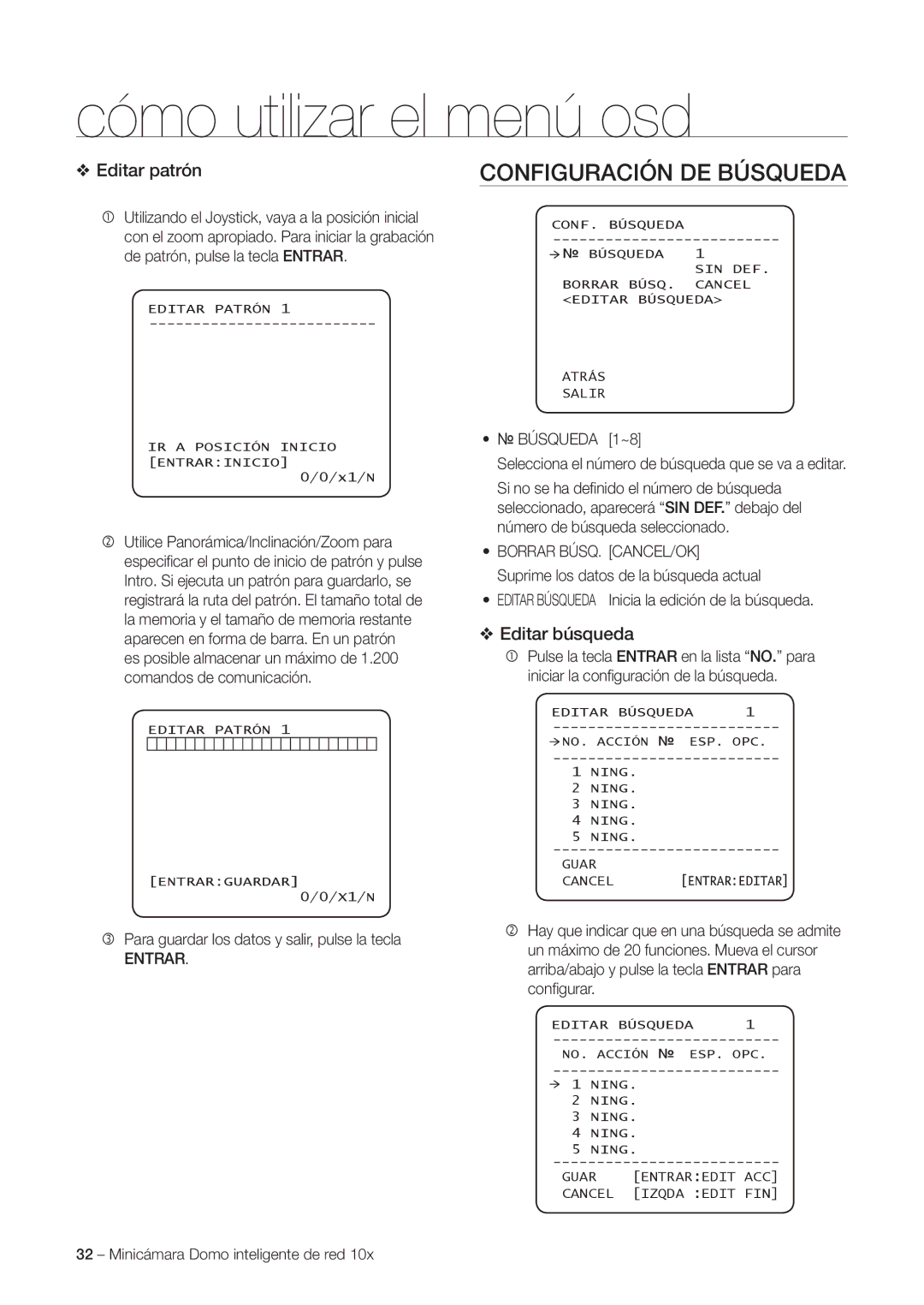 Samsung SNC-C6225P, SNC-C7225P manual Configuración DE Búsqueda, Editar patrón, Editar búsqueda, Entrar 