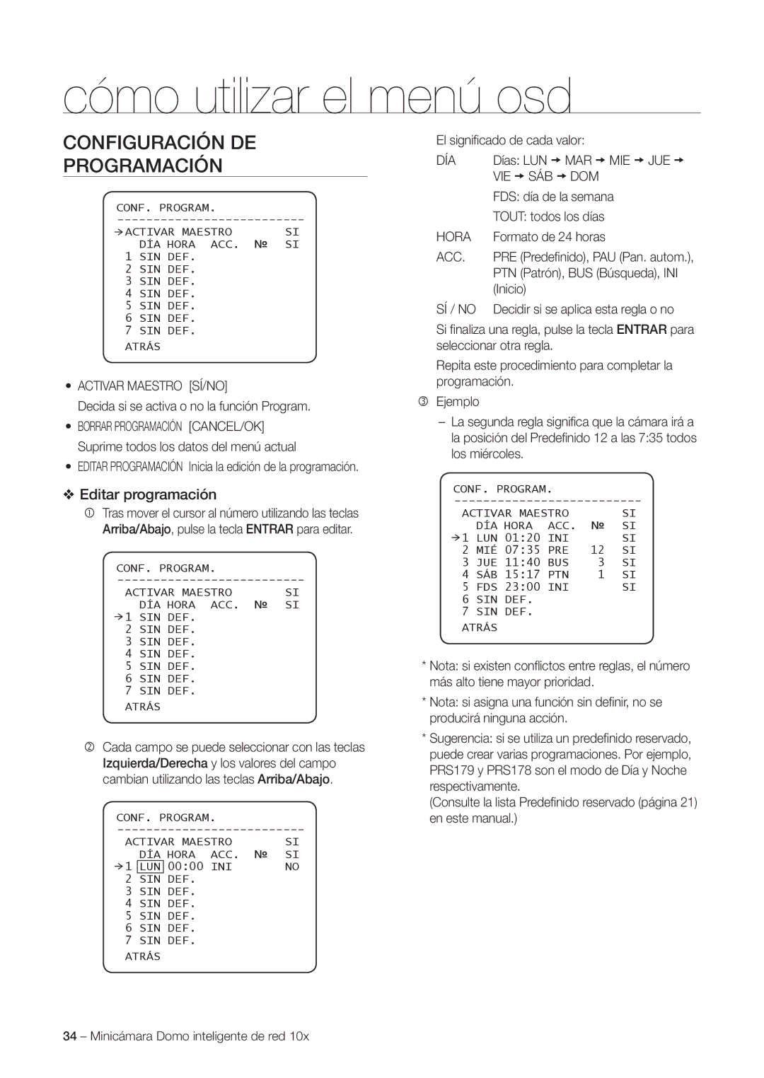 Samsung SNC-C6225P, SNC-C7225P manual Configuración DE Programación, Editar programación 