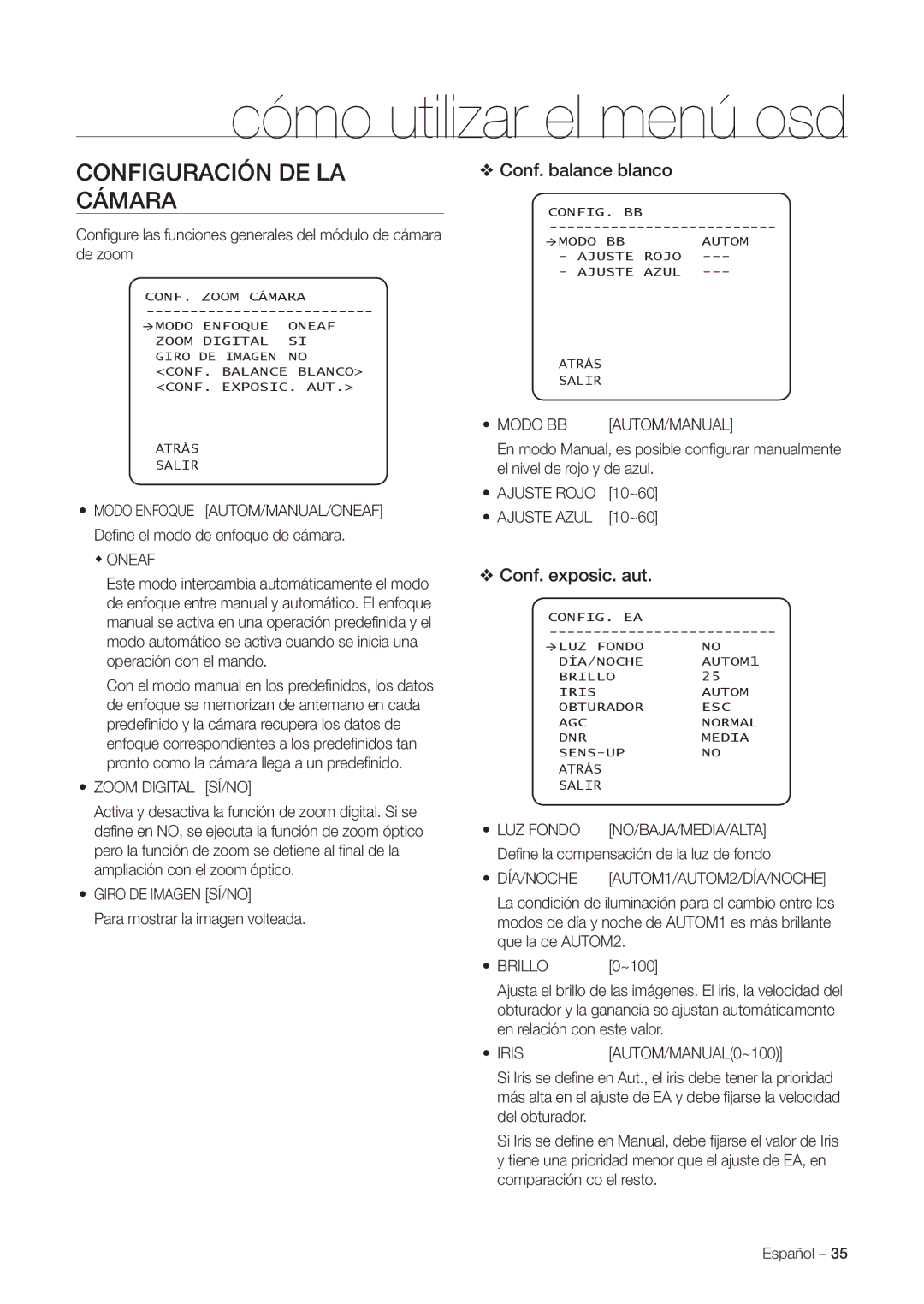 Samsung SNC-C7225P, SNC-C6225P manual Configuración DE LA Cámara, Conf. balance blanco, Conf. exposic. aut 