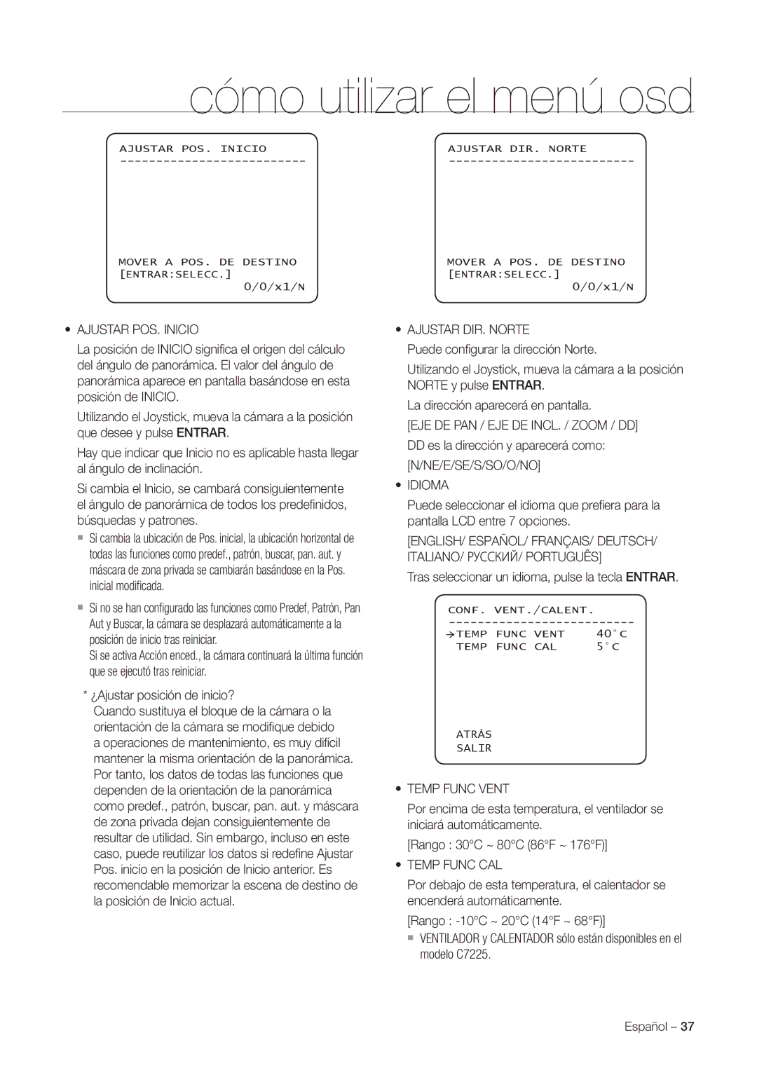 Samsung SNC-C7225P, SNC-C6225P manual Ajustar POS. Inicio, Ajustar DIR. Norte, Idioma, Temp Func Vent, Temp Func CAL 