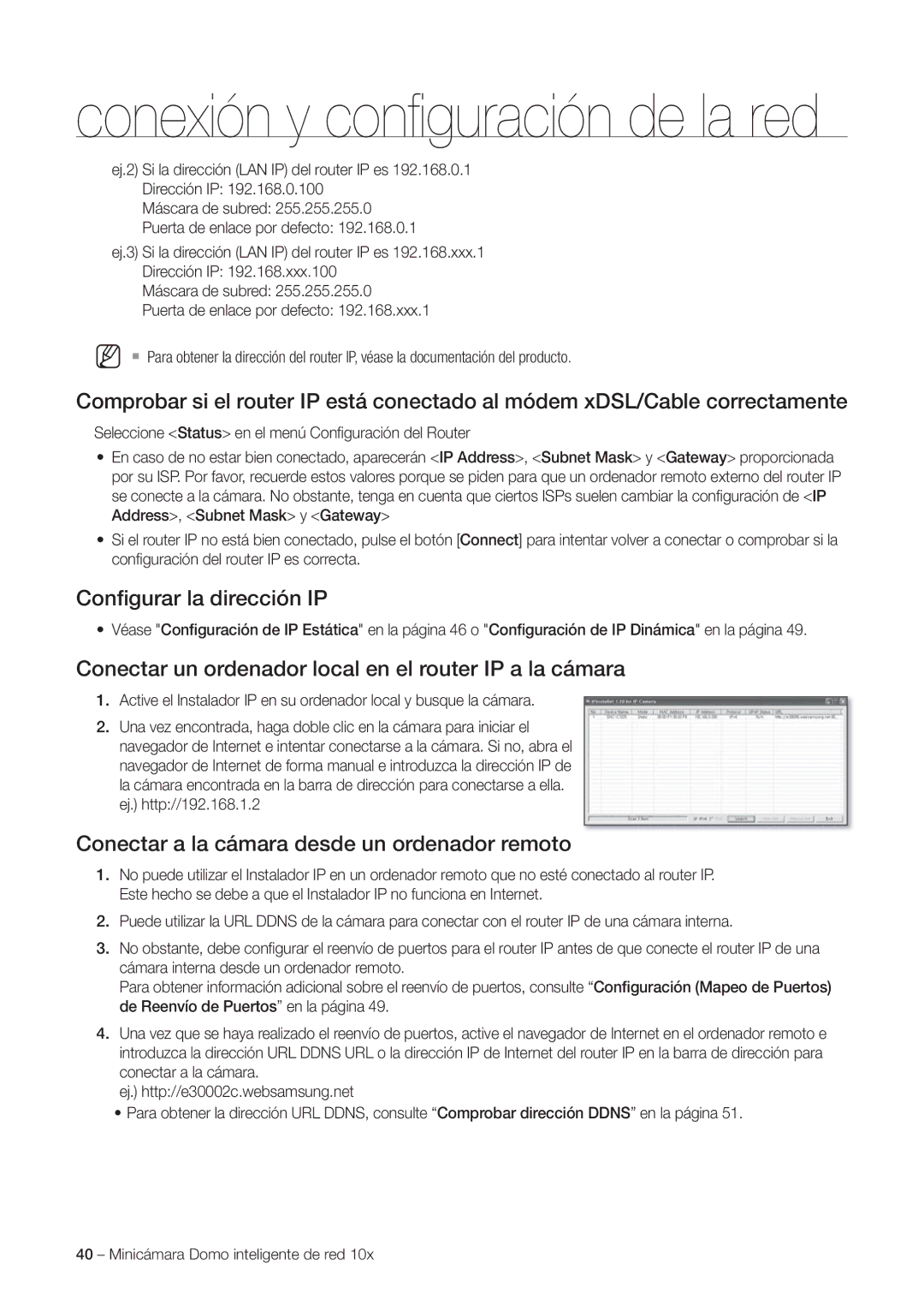 Samsung SNC-C6225P, SNC-C7225P manual Conﬁgurar la dirección IP 