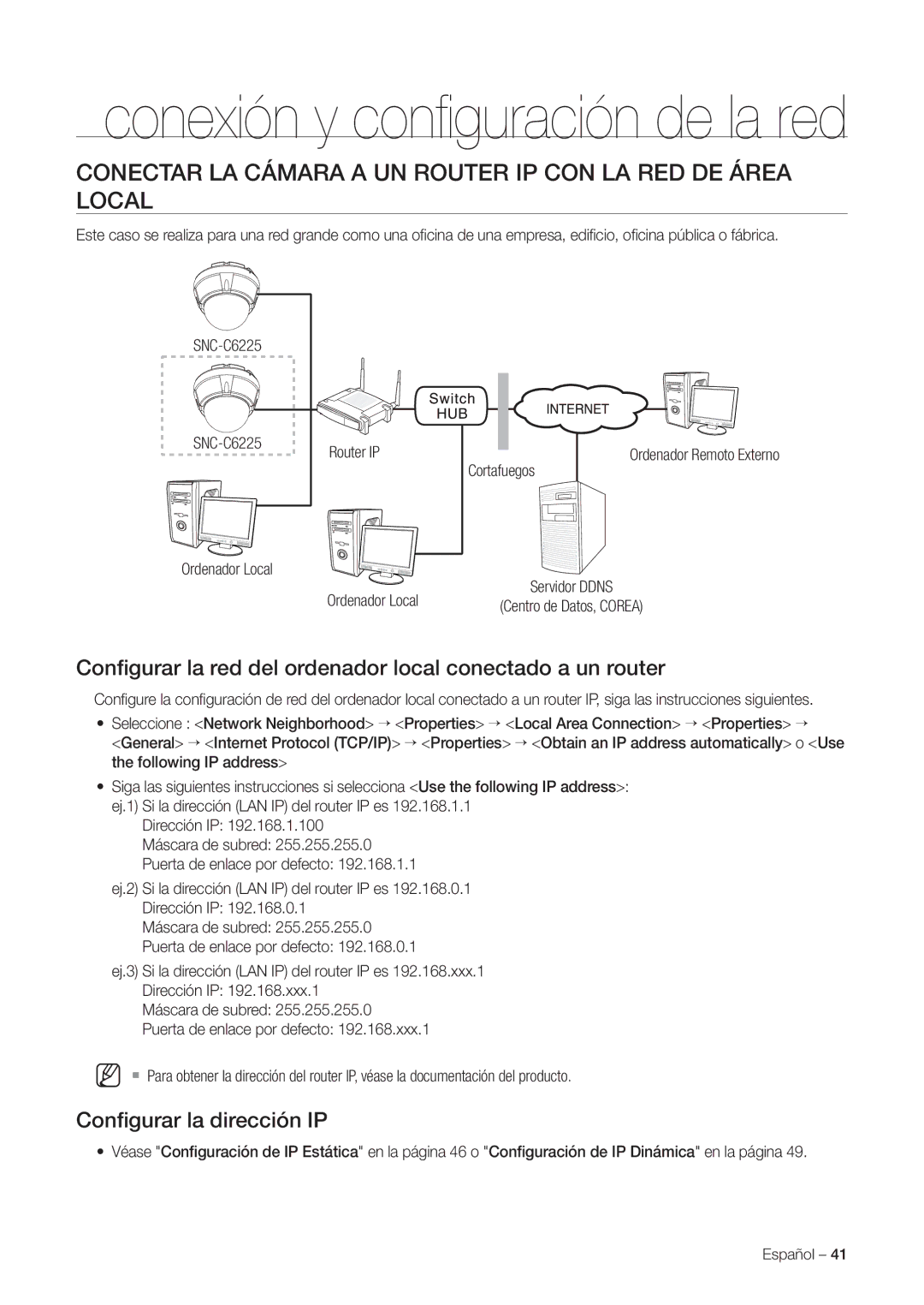 Samsung SNC-C7225P, SNC-C6225P manual Conectar LA Cámara a UN Router IP CON LA RED DE Área Local 