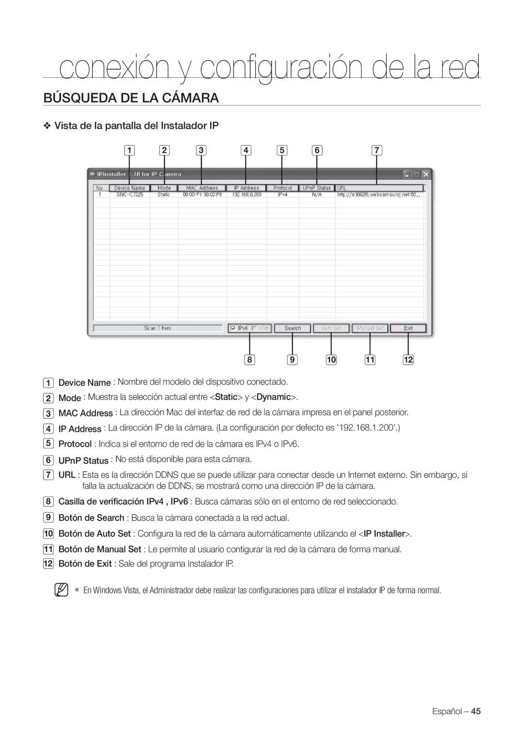 Samsung SNC-C7225P, SNC-C6225P manual Búsqueda DE LA Cámara, Vista de la pantalla del Instalador IP 