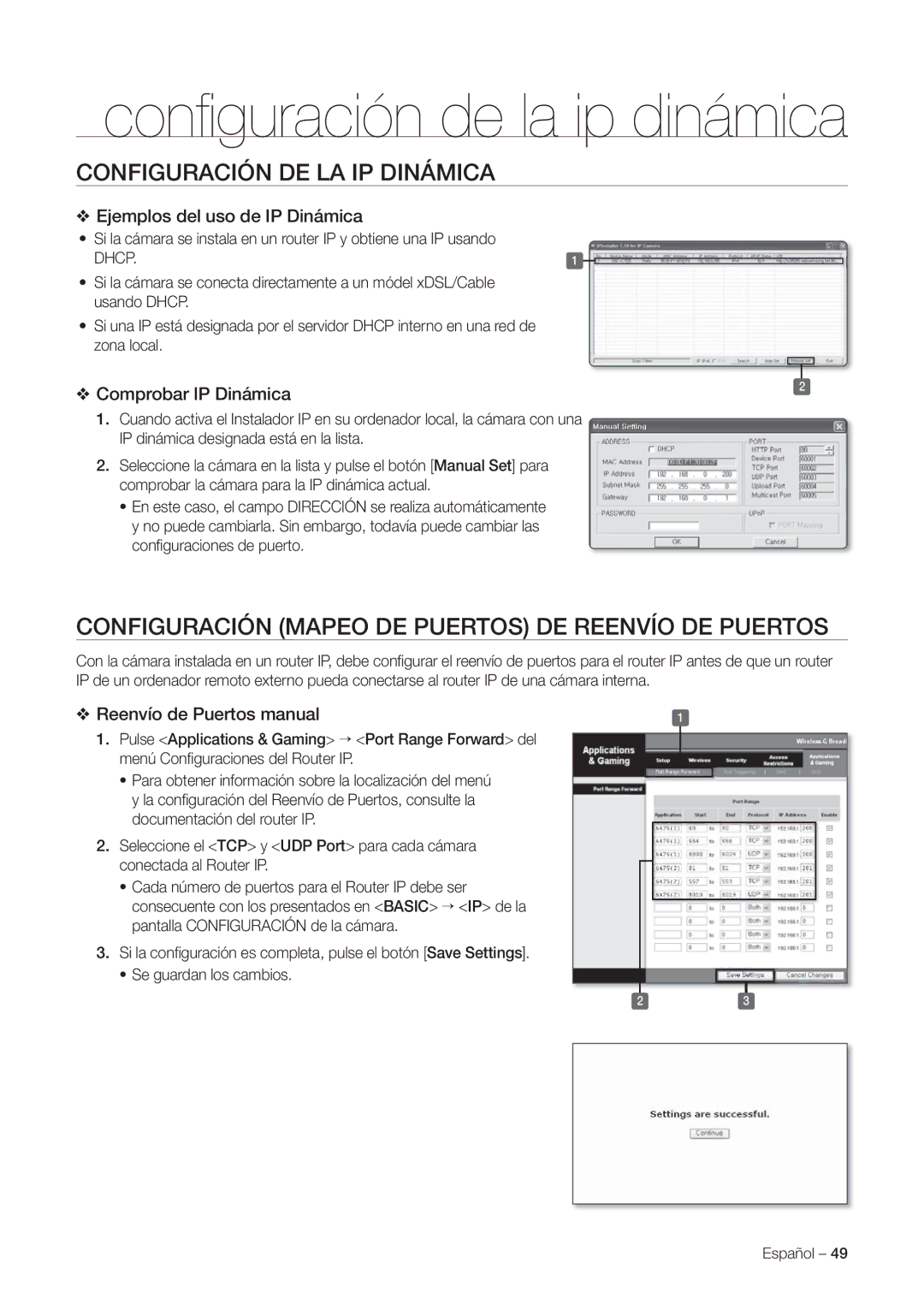 Samsung SNC-C7225P, SNC-C6225P manual Configuración DE LA IP Dinámica, Configuración Mapeo DE Puertos DE Reenvío DE Puertos 