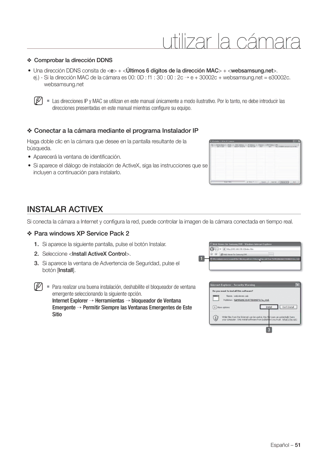 Samsung SNC-C7225P Instalar Activex, Conectar a la cámara mediante el programa Instalador IP, Para windows XP Service Pack 