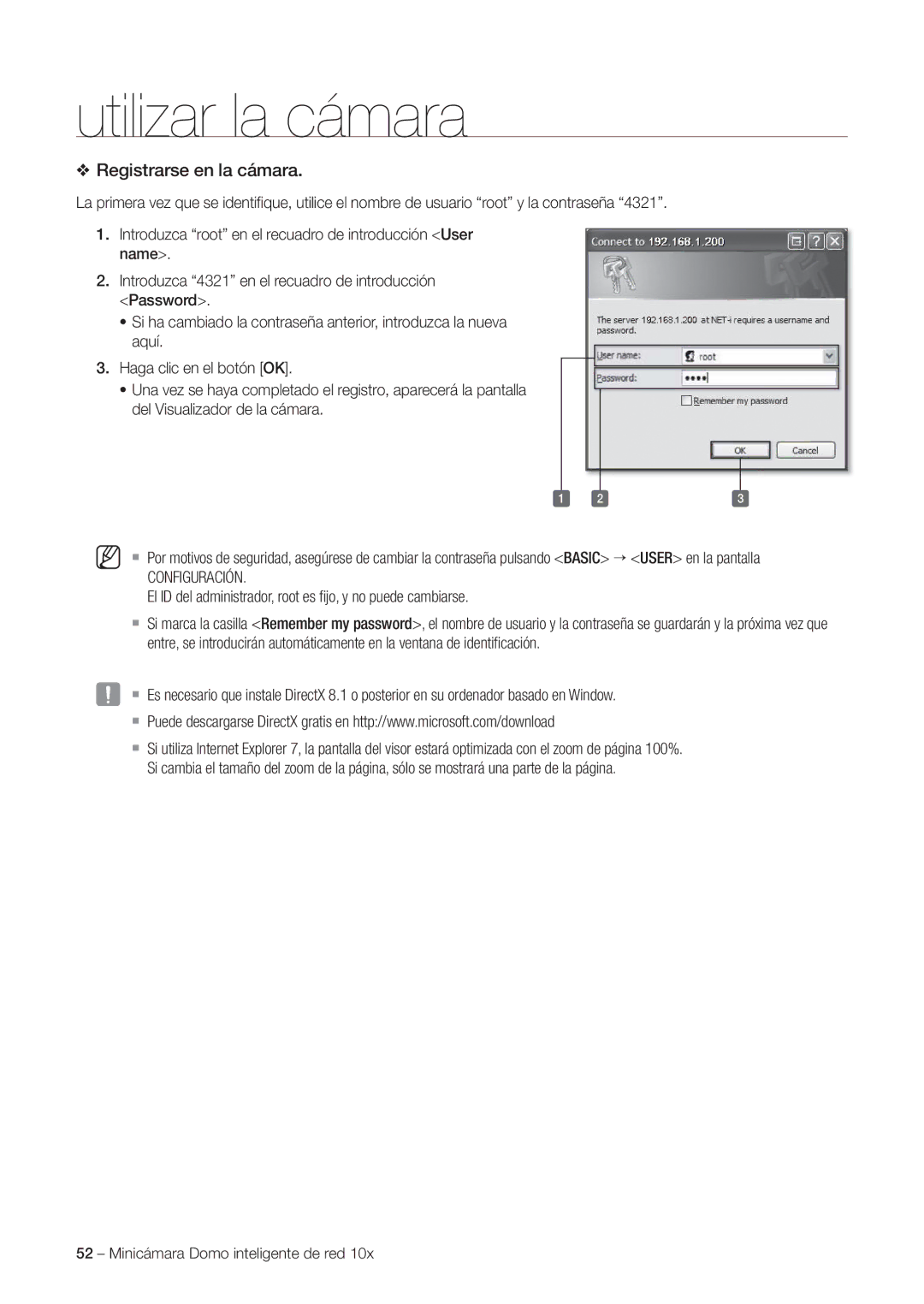 Samsung SNC-C6225P Registrarse en la cámara, Configuración, El ID del administrador, root es ﬁjo, y no puede cambiarse 