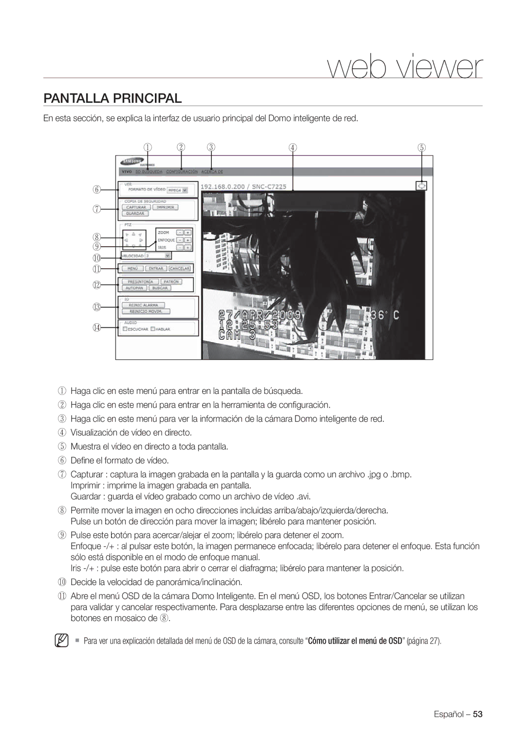 Samsung SNC-C7225P, SNC-C6225P manual Web viewer, Pantalla Principal 