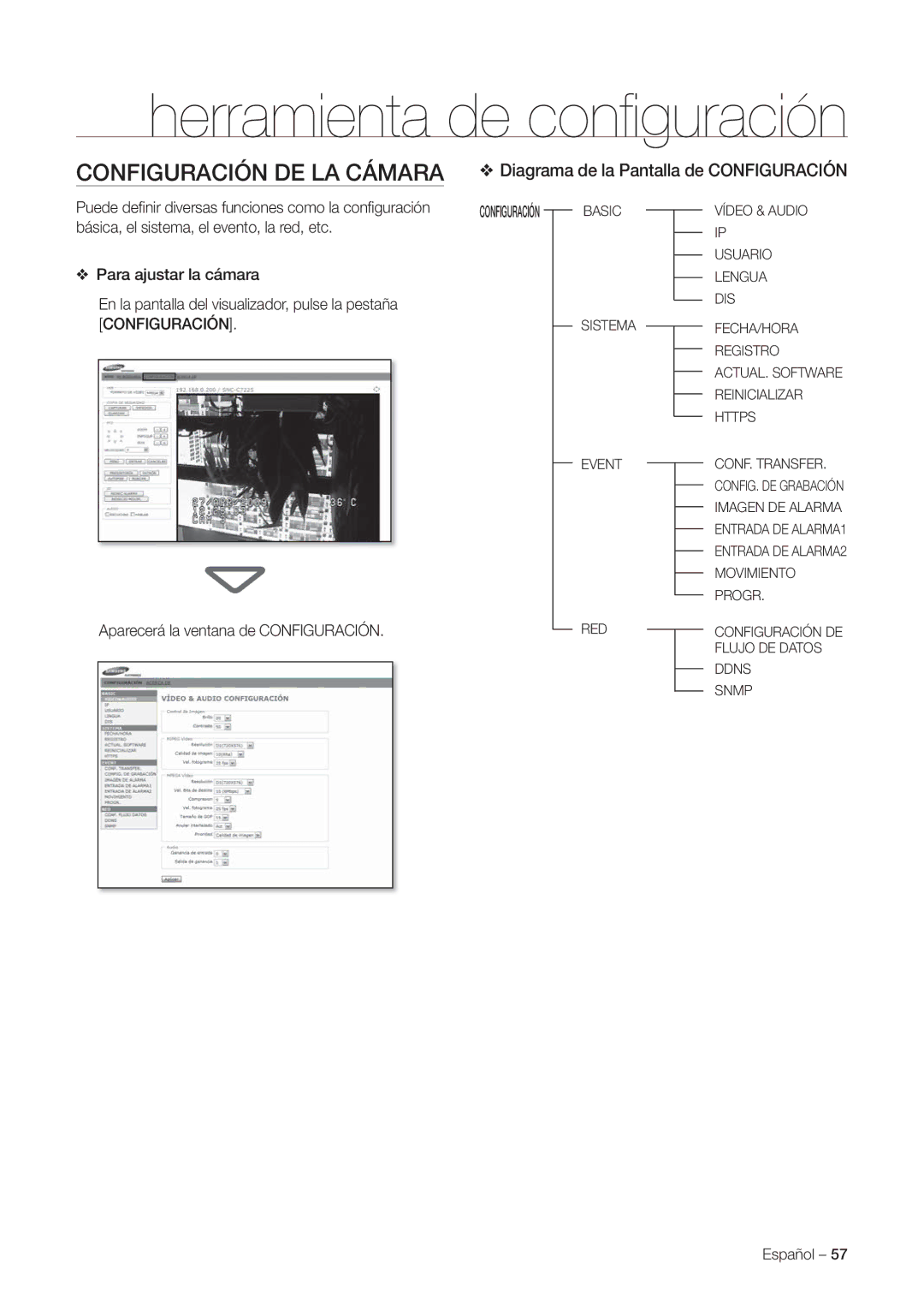 Samsung SNC-C7225P, SNC-C6225P manual Diagrama de la Pantalla de Configuración, Aparecerá la ventana de Configuración 