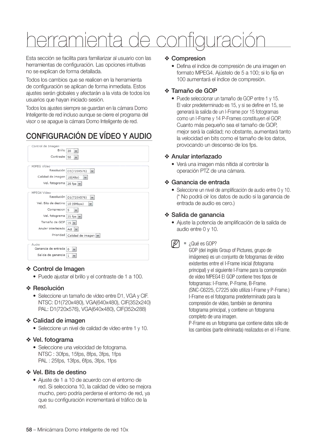 Samsung SNC-C6225P, SNC-C7225P manual Herramienta de conﬁ guración, Configuración DE Vídeo Y Audio 