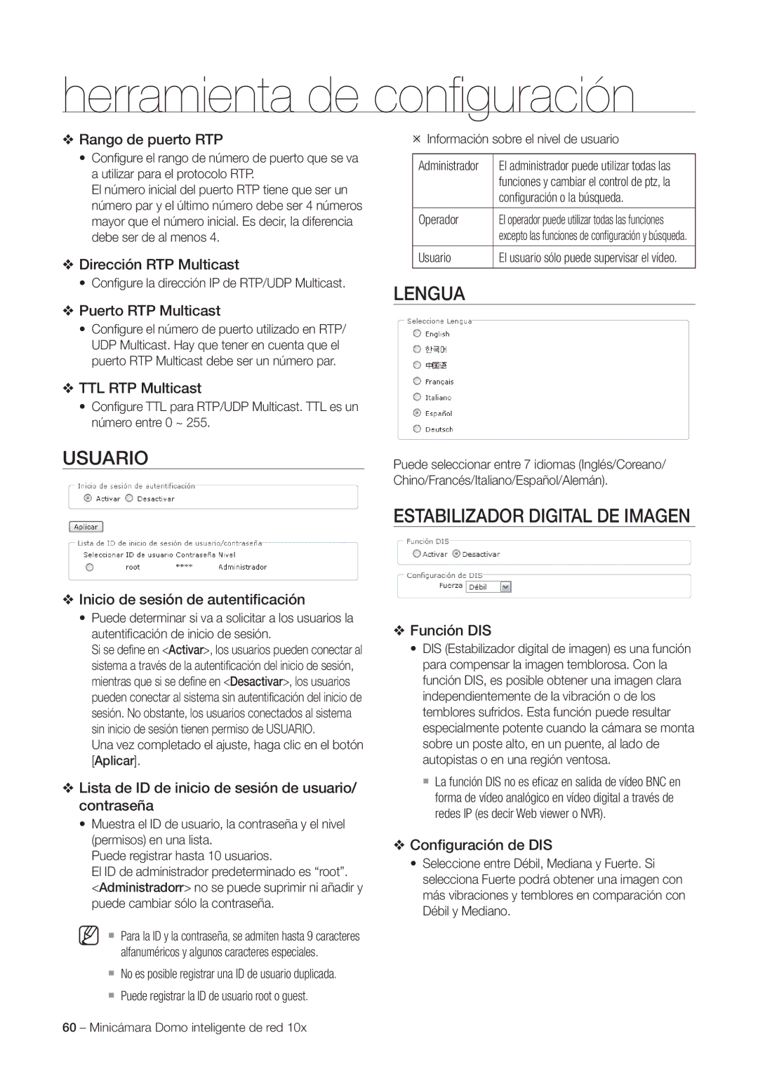 Samsung SNC-C6225P, SNC-C7225P manual Usuario, Lengua, Estabilizador Digital DE Imagen 