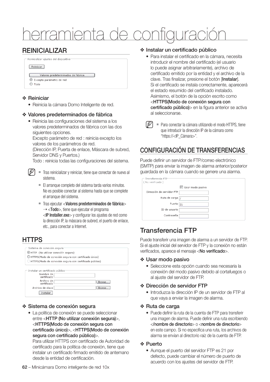 Samsung SNC-C6225P, SNC-C7225P manual Reinicializar, Https, Configuración DE Transferencias 