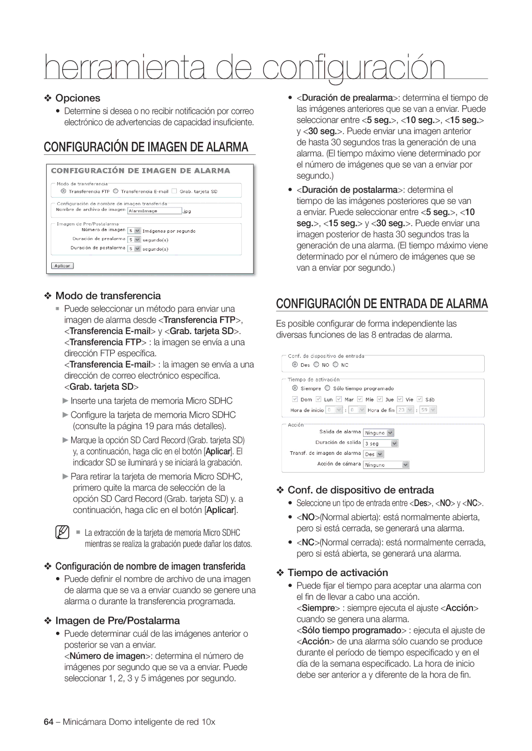 Samsung SNC-C6225P Opciones, Modo de transferencia, Conﬁguración de nombre de imagen transferida, Imagen de Pre/Postalarma 