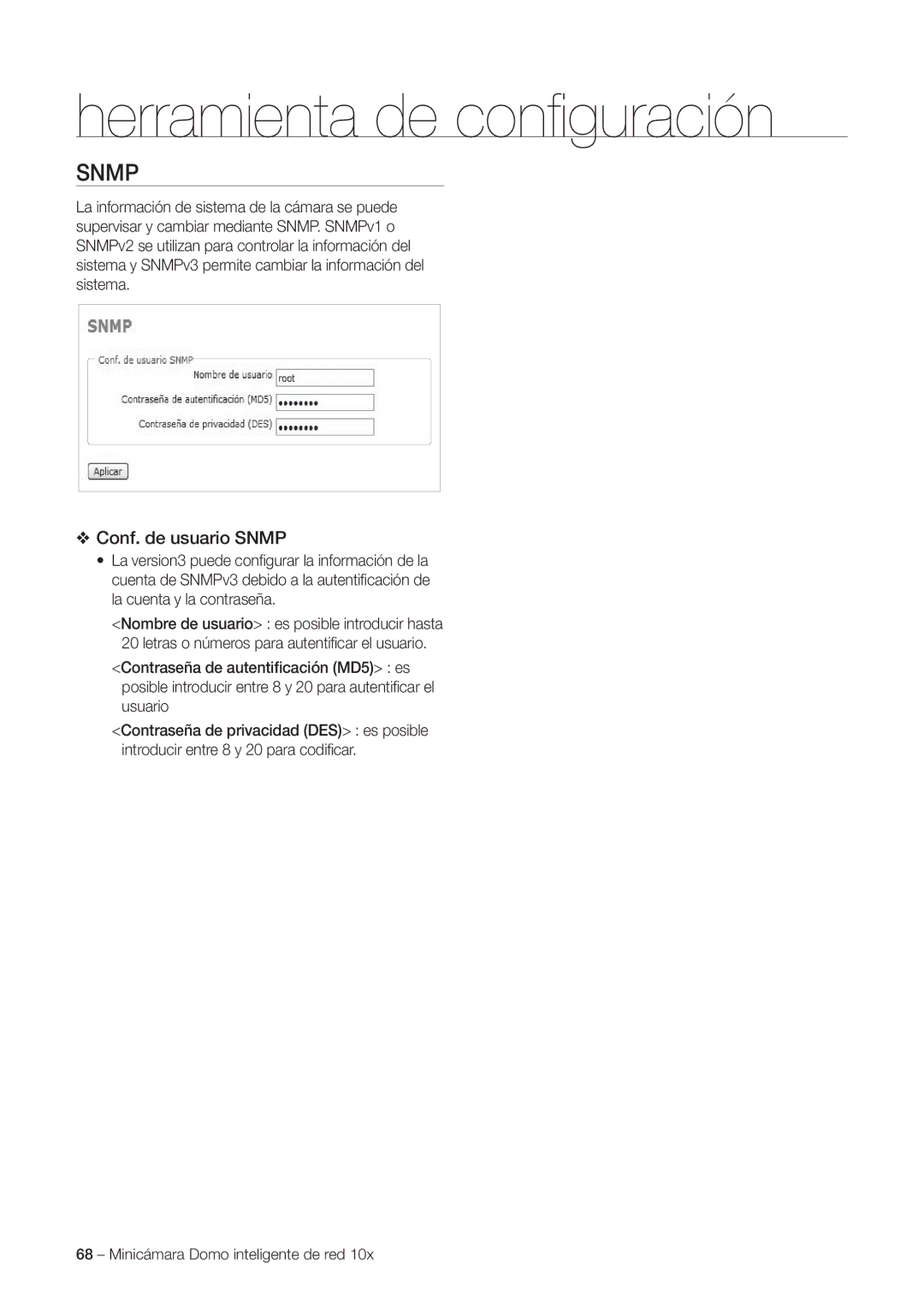 Samsung SNC-C6225P, SNC-C7225P manual Conf. de usuario Snmp 