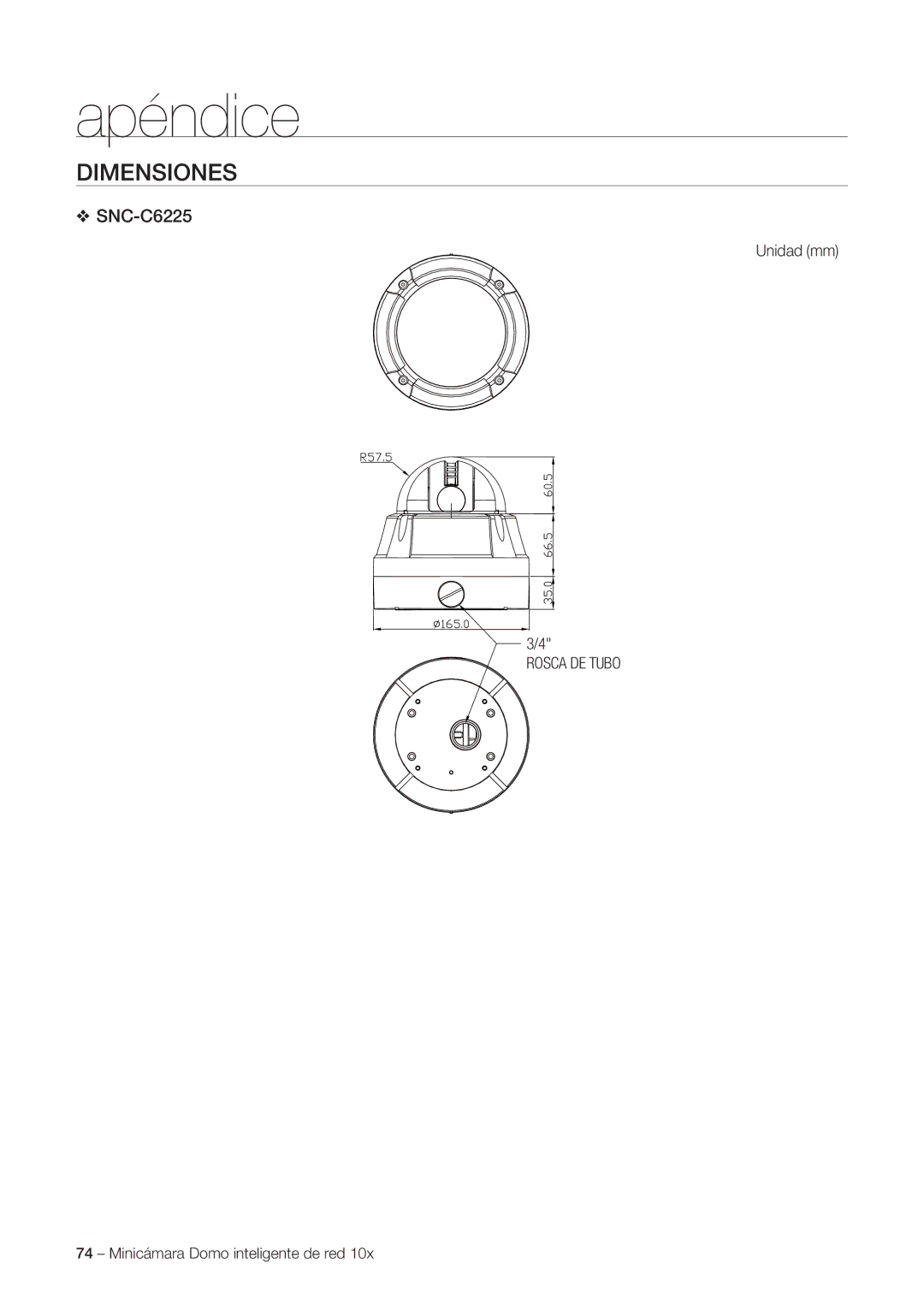 Samsung SNC-C6225P, SNC-C7225P manual Dimensiones, Unidad mm, Rosca DE Tubo 