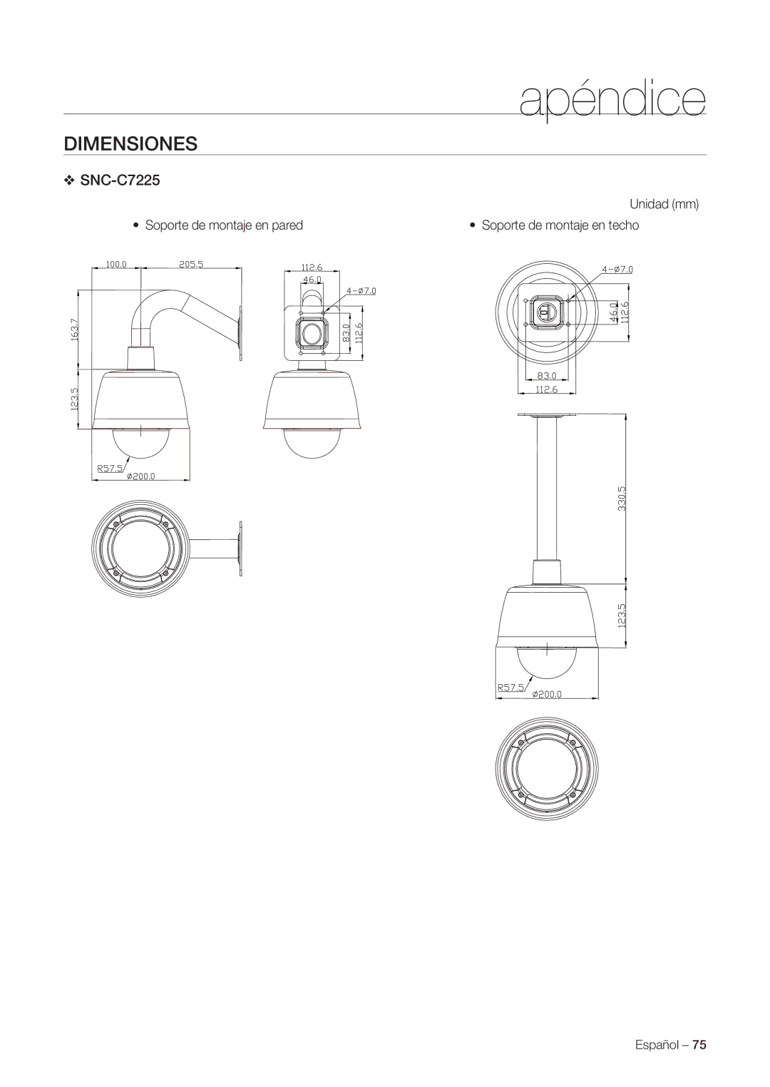 Samsung SNC-C7225P, SNC-C6225P manual Unidad mm Soporte de montaje en pared 