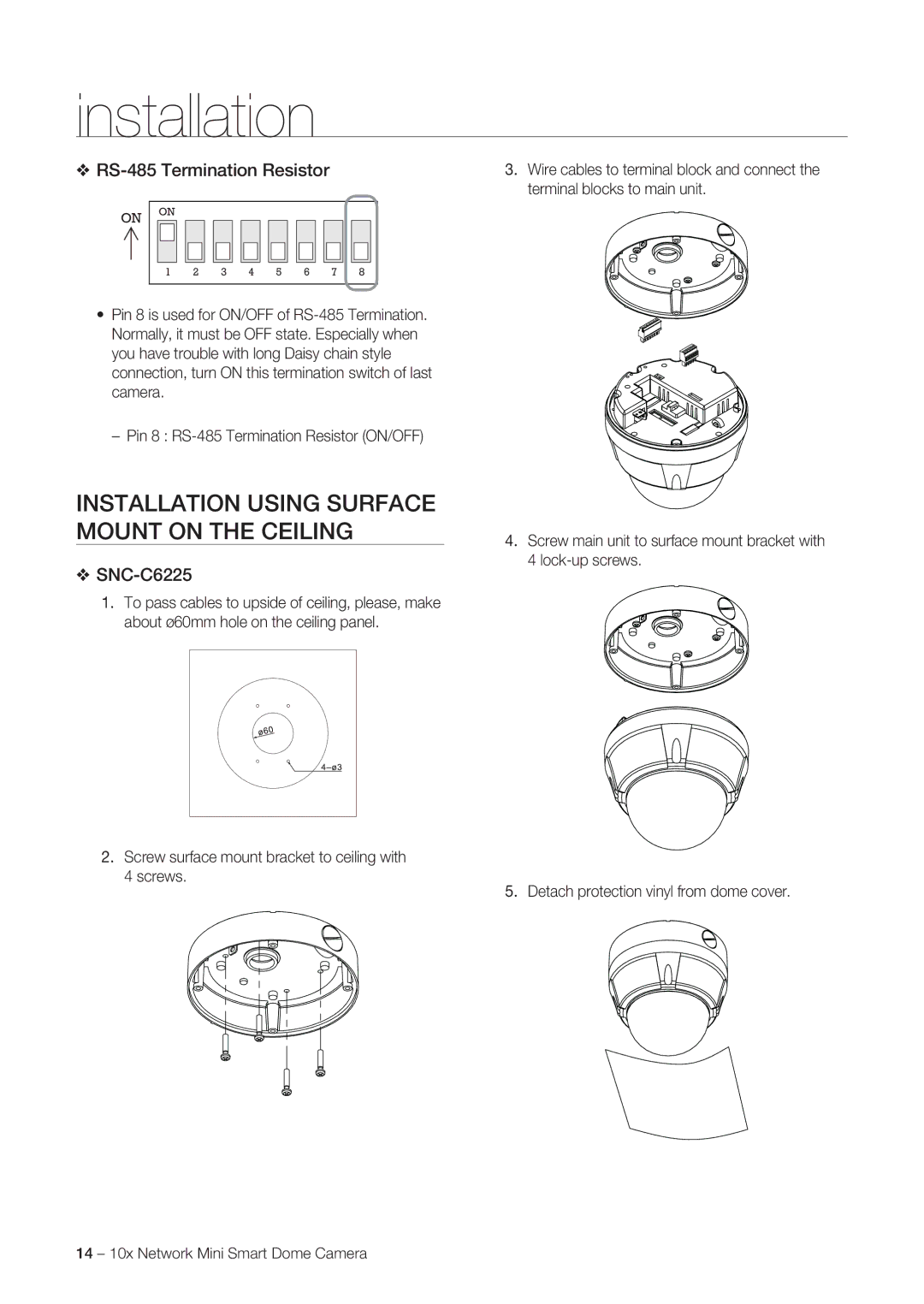 Samsung SNC-C7225, SNC-C6225 user manual Installation Using Surface Mount on the Ceiling, RS-485 Termination Resistor 