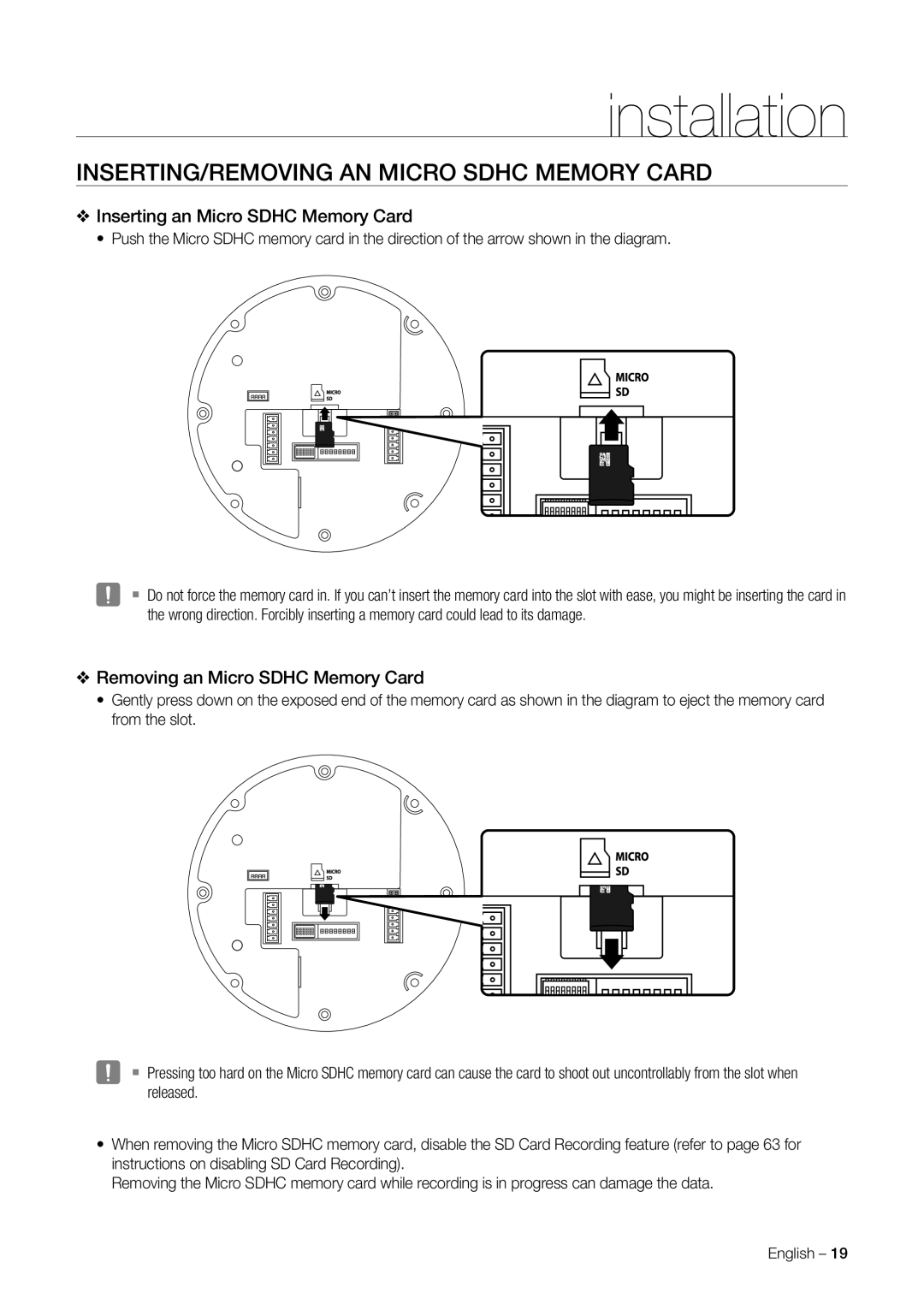 Samsung SNC-C6225, SNC-C7225 user manual INSERTING/REMOVING AN Micro Sdhc Memory Card, Inserting an Micro Sdhc Memory Card 