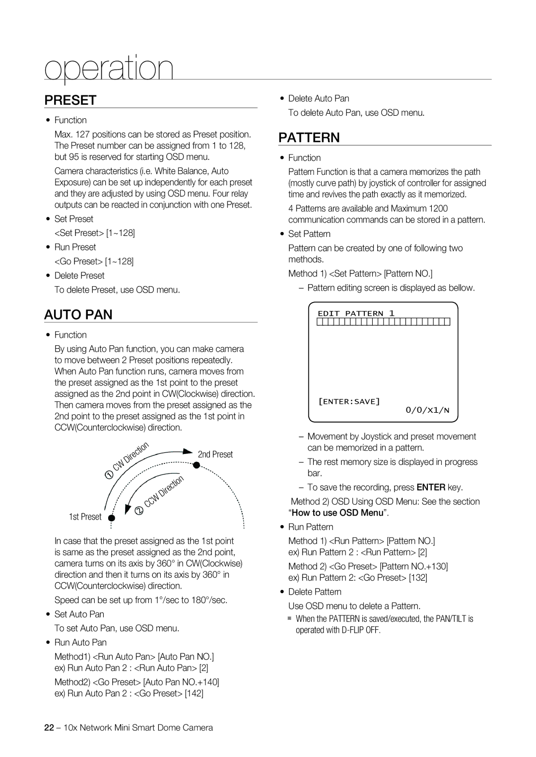 Samsung SNC-C7225, SNC-C6225 user manual Preset, Auto PAN, Pattern 