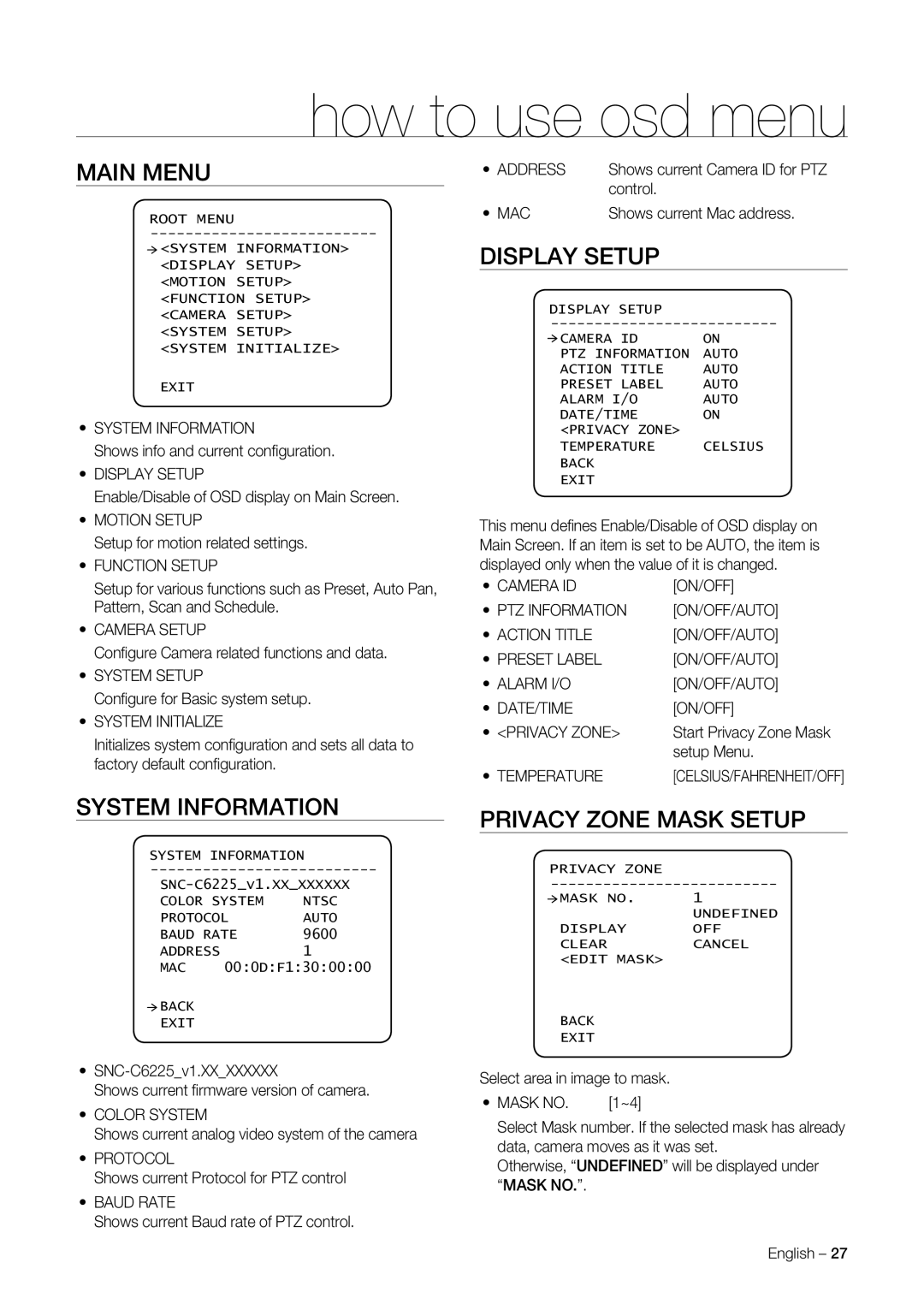 Samsung SNC-C6225, SNC-C7225 user manual Main Menu, System Information, Display Setup, Privacy Zone Mask Setup 