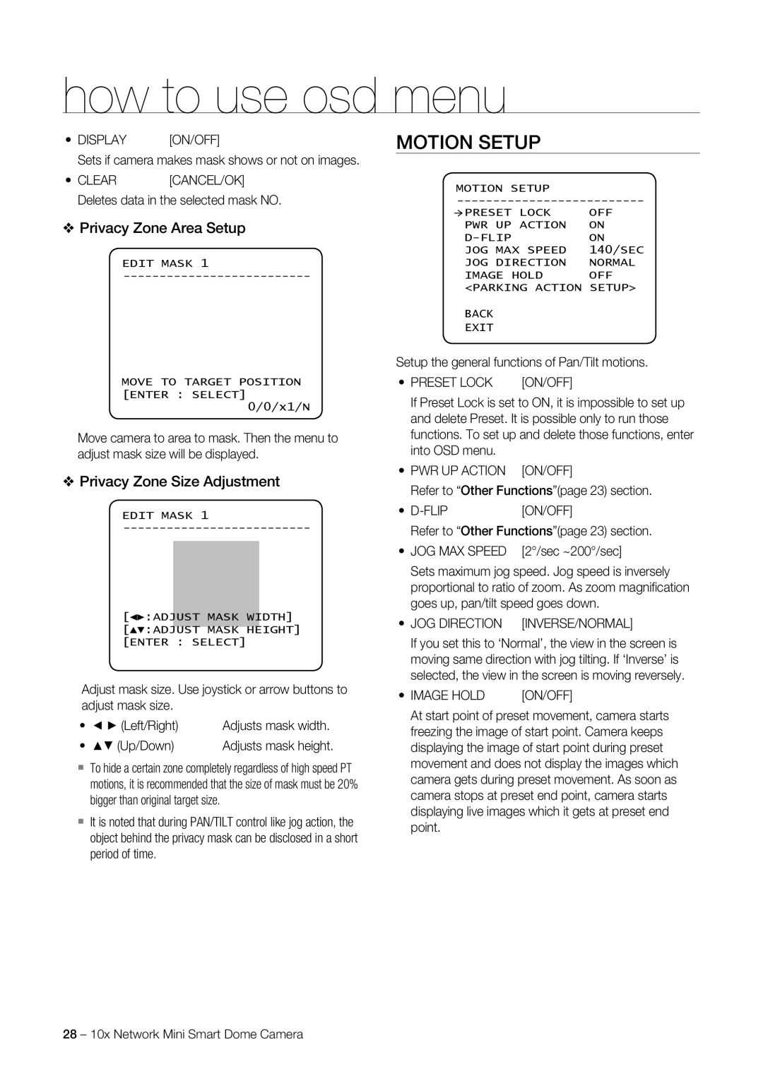 Samsung SNC-C7225, SNC-C6225 user manual Motion Setup, Privacy Zone Area Setup, Privacy Zone Size Adjustment 