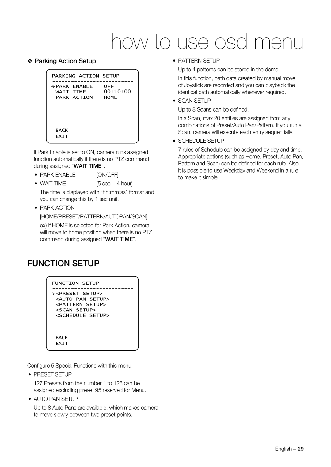 Samsung SNC-C6225, SNC-C7225 user manual Function Setup, Parking Action Setup 