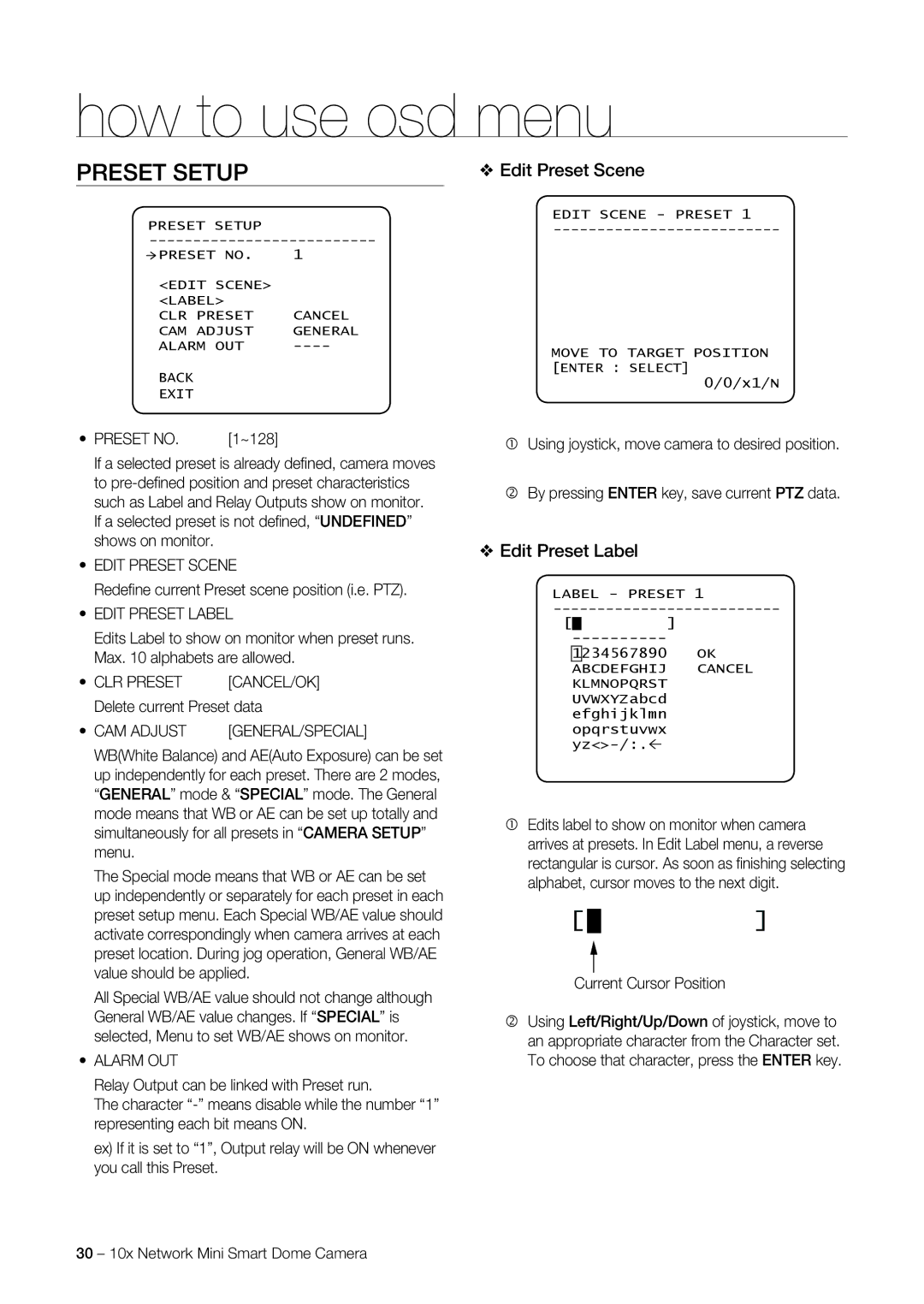 Samsung SNC-C7225, SNC-C6225 user manual Preset Setup, Edit Preset Scene, Edit Preset Label 