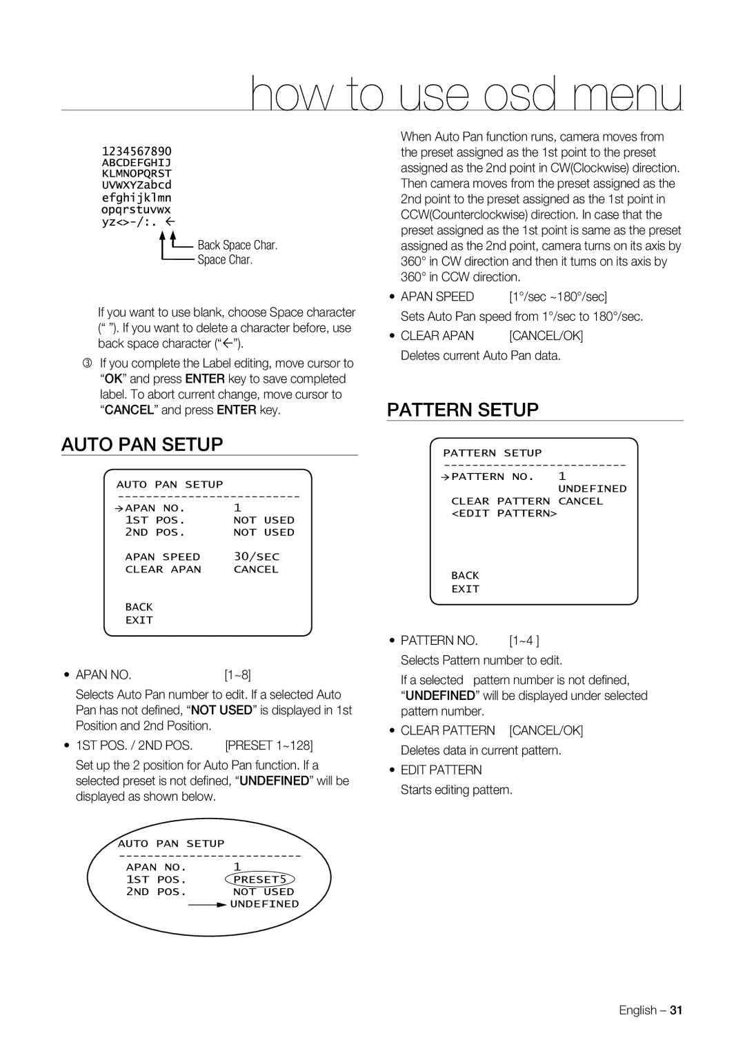 Samsung SNC-C6225, SNC-C7225 user manual Auto PAN Setup, Pattern Setup 