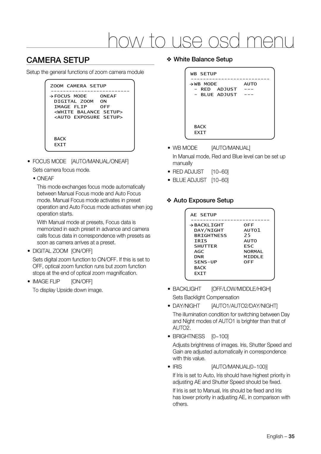 Samsung SNC-C6225, SNC-C7225 user manual Camera Setup, White Balance Setup, Auto Exposure Setup 