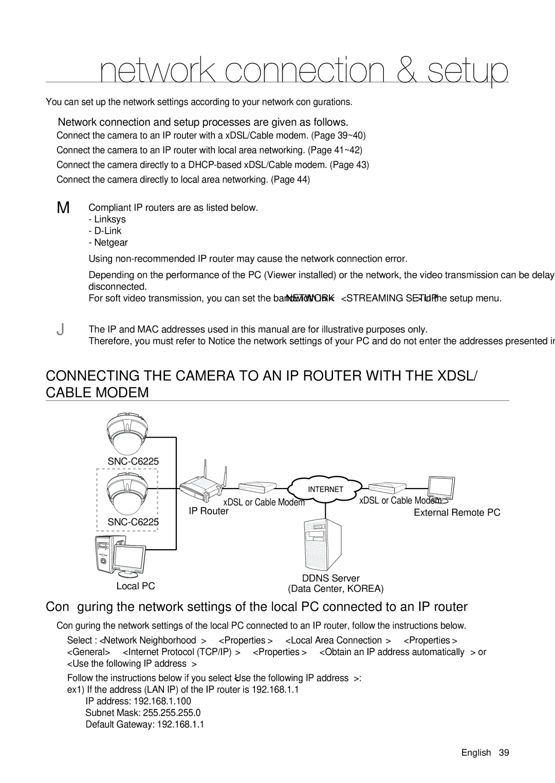 Samsung SNC-C6225 Network connection & setup, Network connection and setup processes are given as follows, Local PC 