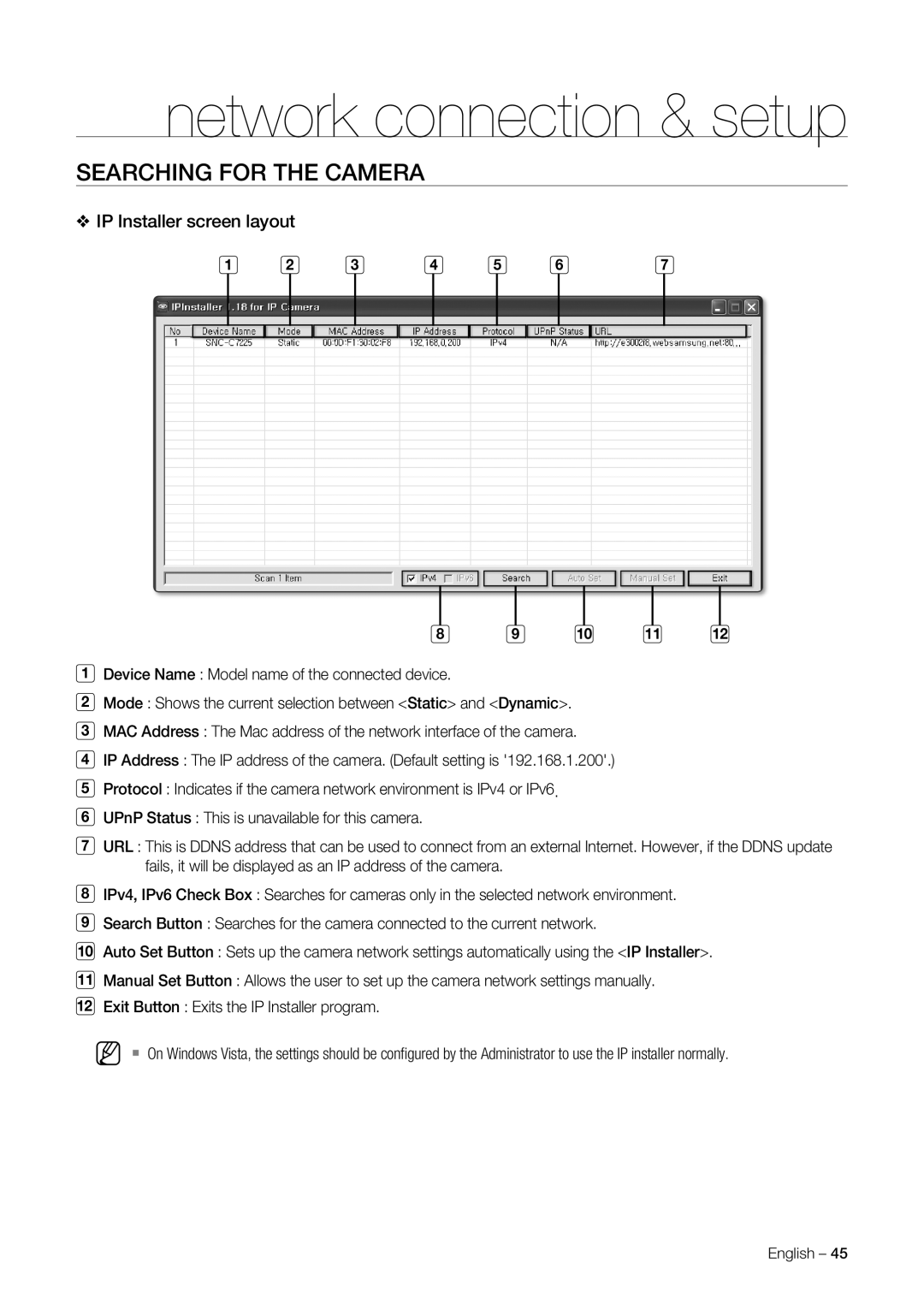 Samsung SNC-C6225, SNC-C7225 user manual Searching for the Camera, IP Installer screen layout 