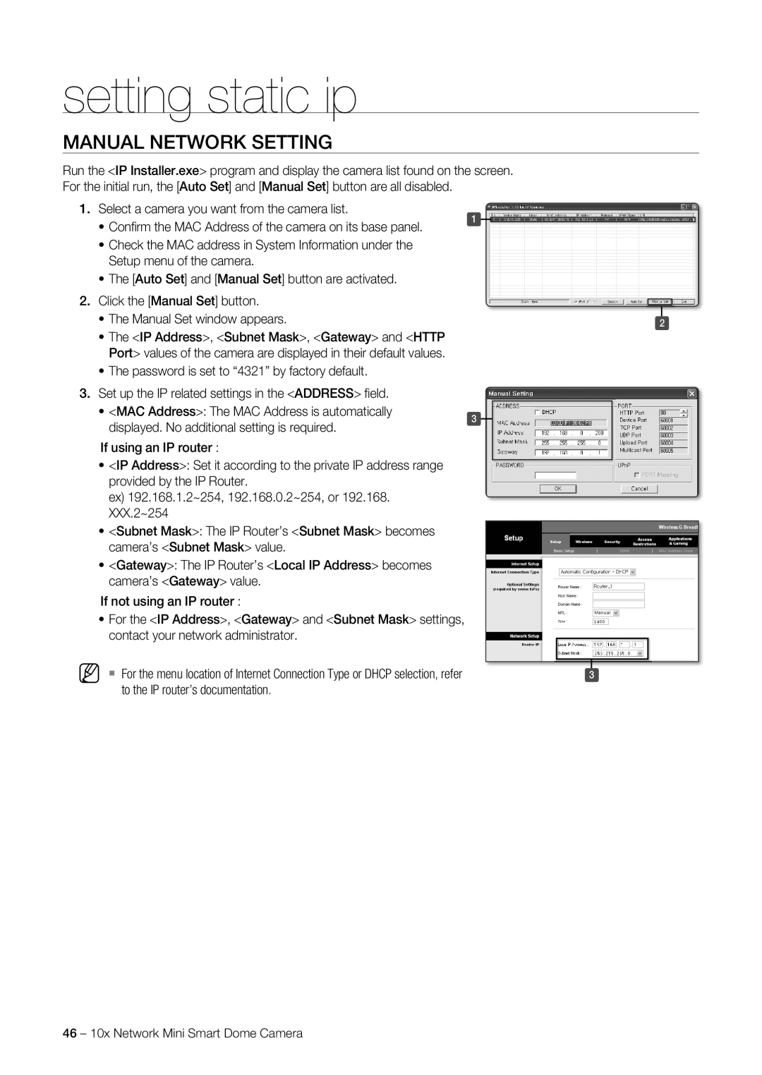 Samsung SNC-C7225, SNC-C6225 user manual Setting static ip, Manual Network Setting 