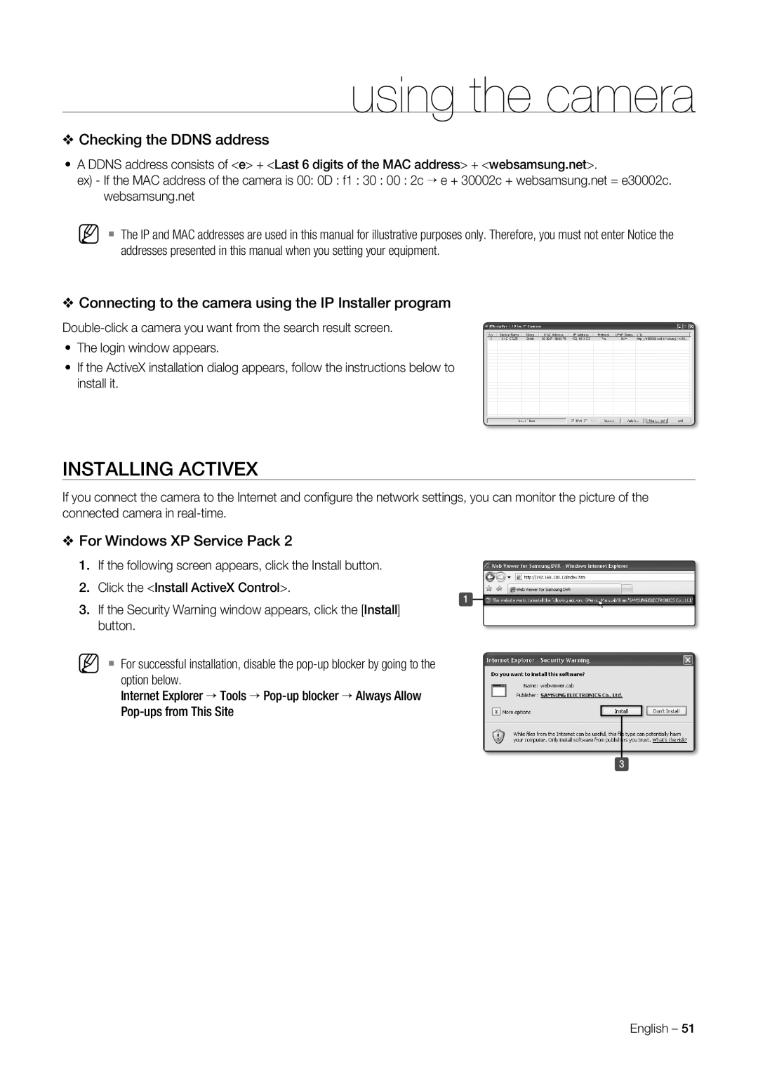 Samsung SNC-C6225 Installing Activex, Checking the Ddns address, Connecting to the camera using the IP Installer program 