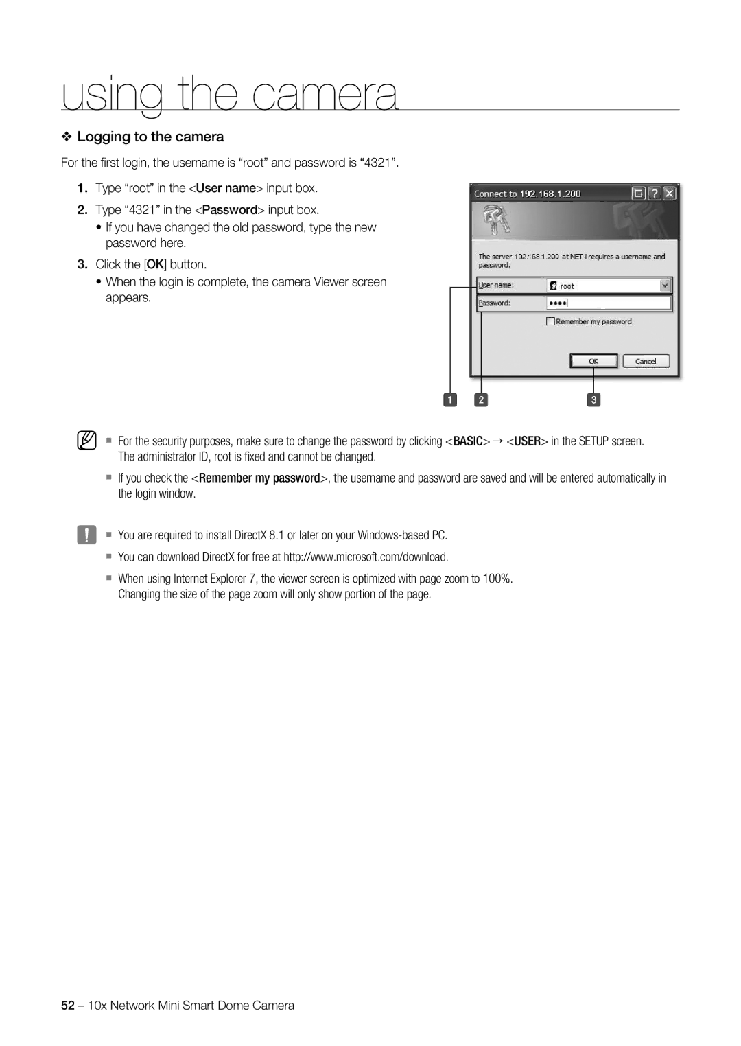 Samsung SNC-C7225, SNC-C6225 user manual Logging to the camera 